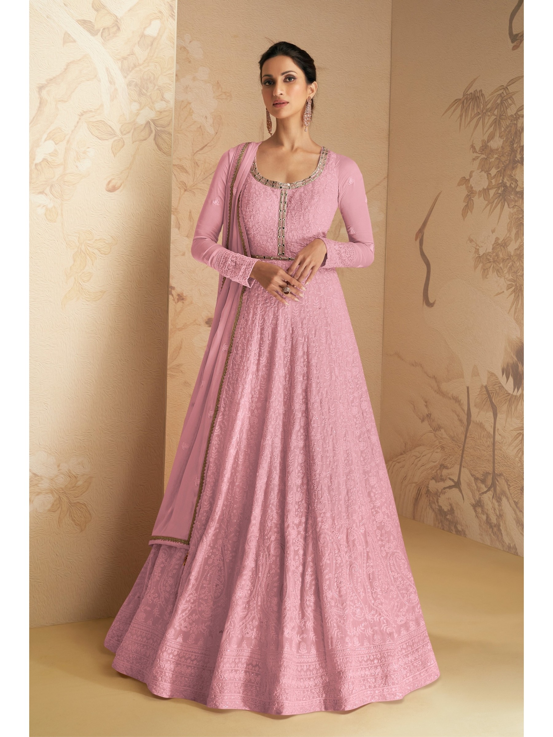 Pure Georgette Fabrics Party Wear Readymade Gown In Pink Color With Embroidery Work