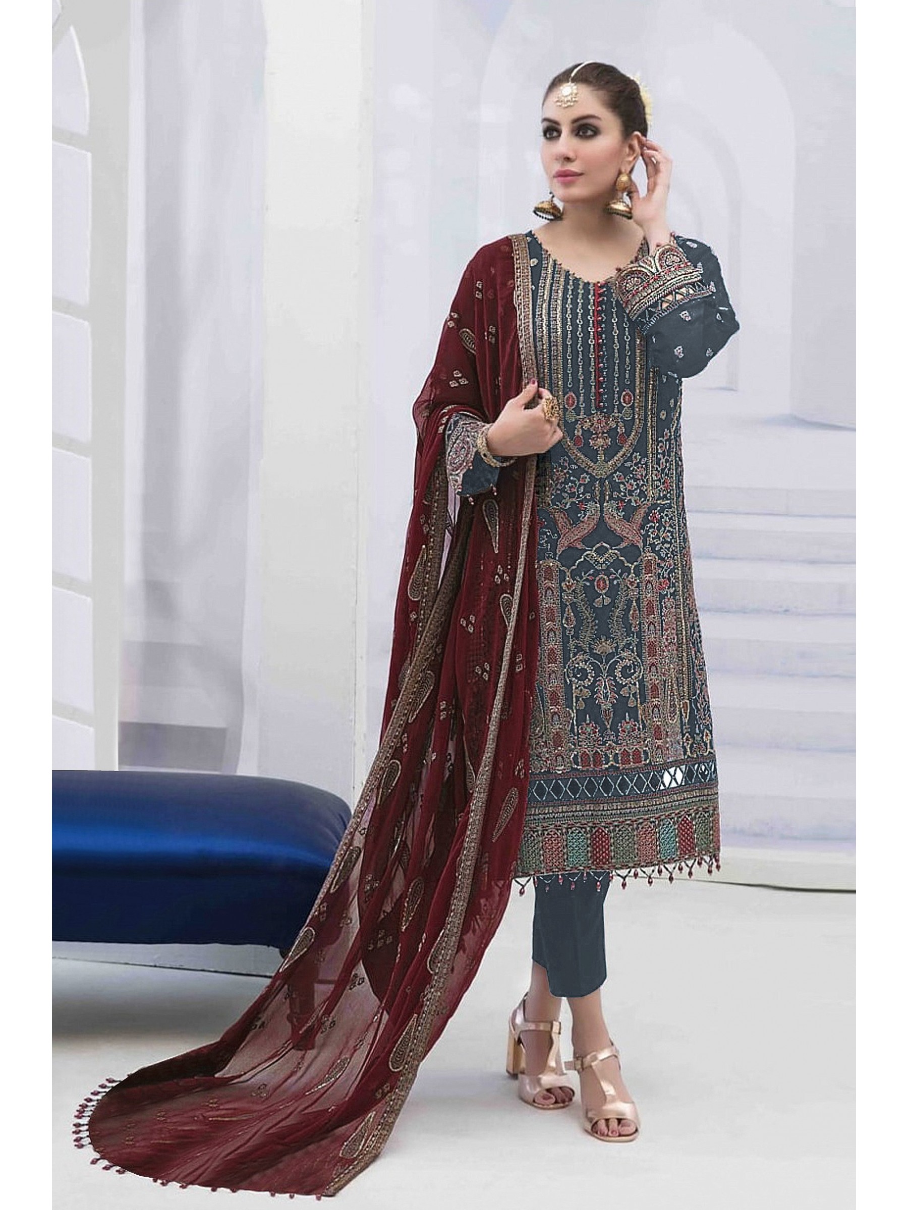 Georgette Silk Party Wear Suit in Grey Color with Embroidery Work