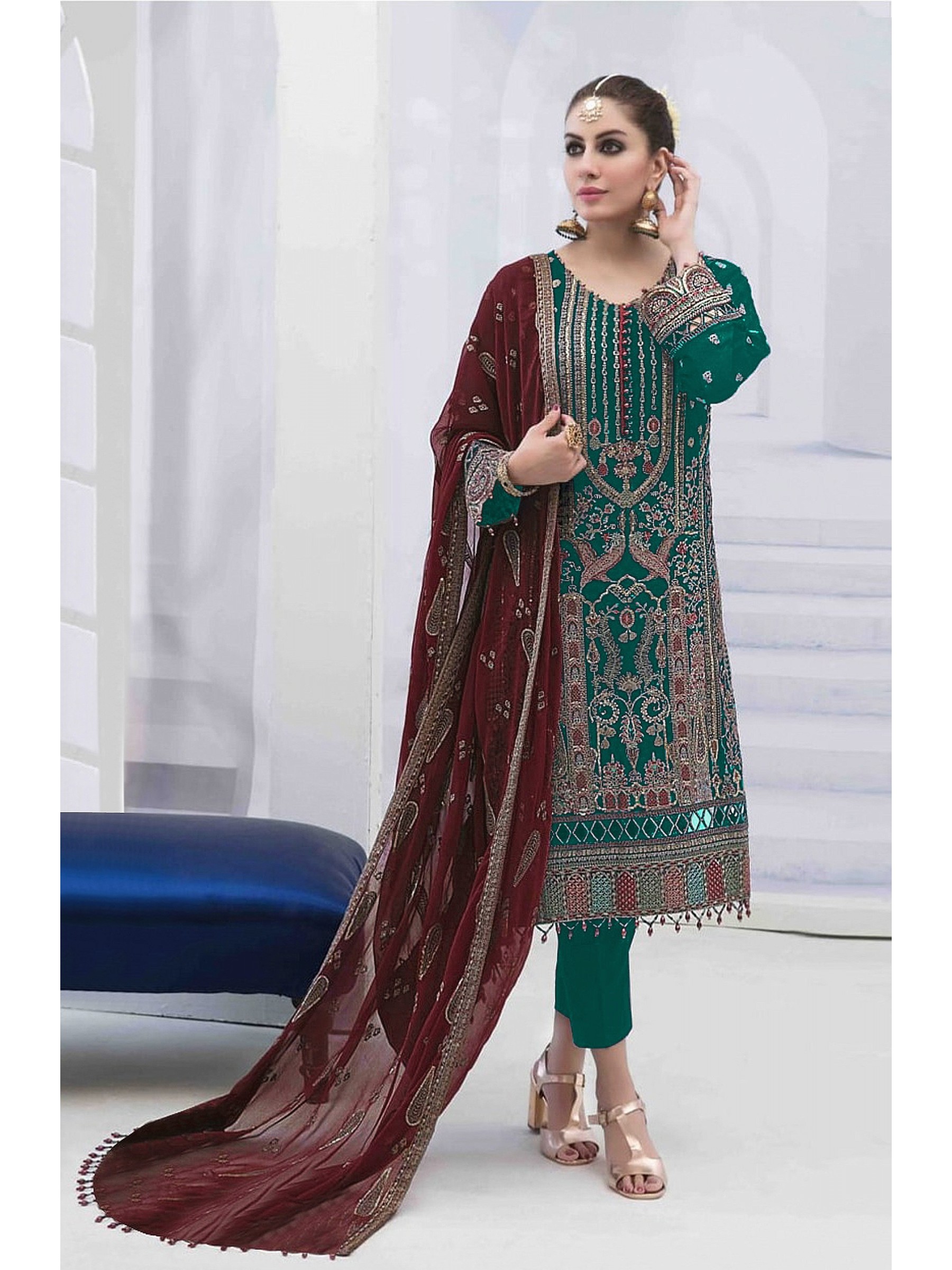 Georgette Silk Party Wear Suit in Green Color with Embroidery Work