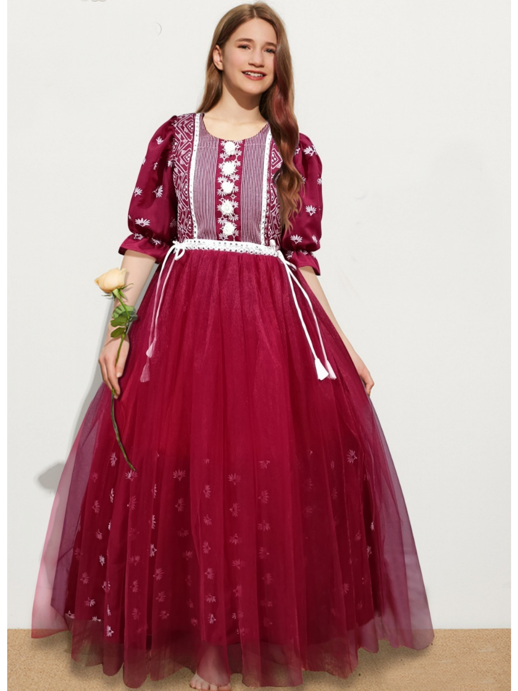 Muslin With Soft  Premium Net Party Wear Kids Gown In Maroon Color With Embroidery Work 