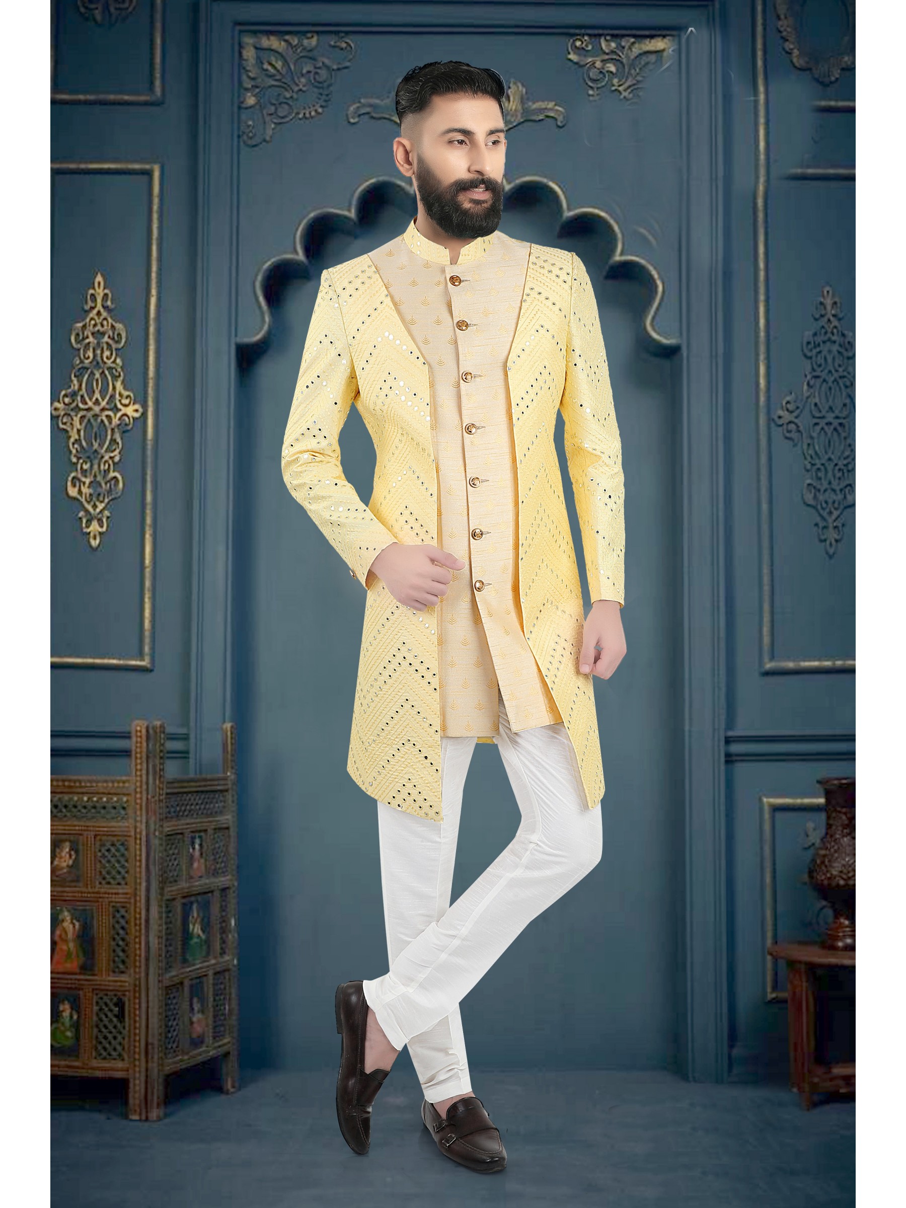 Heavy Imported Silk IndoWestern Ready Made Dress in Yellow Color 