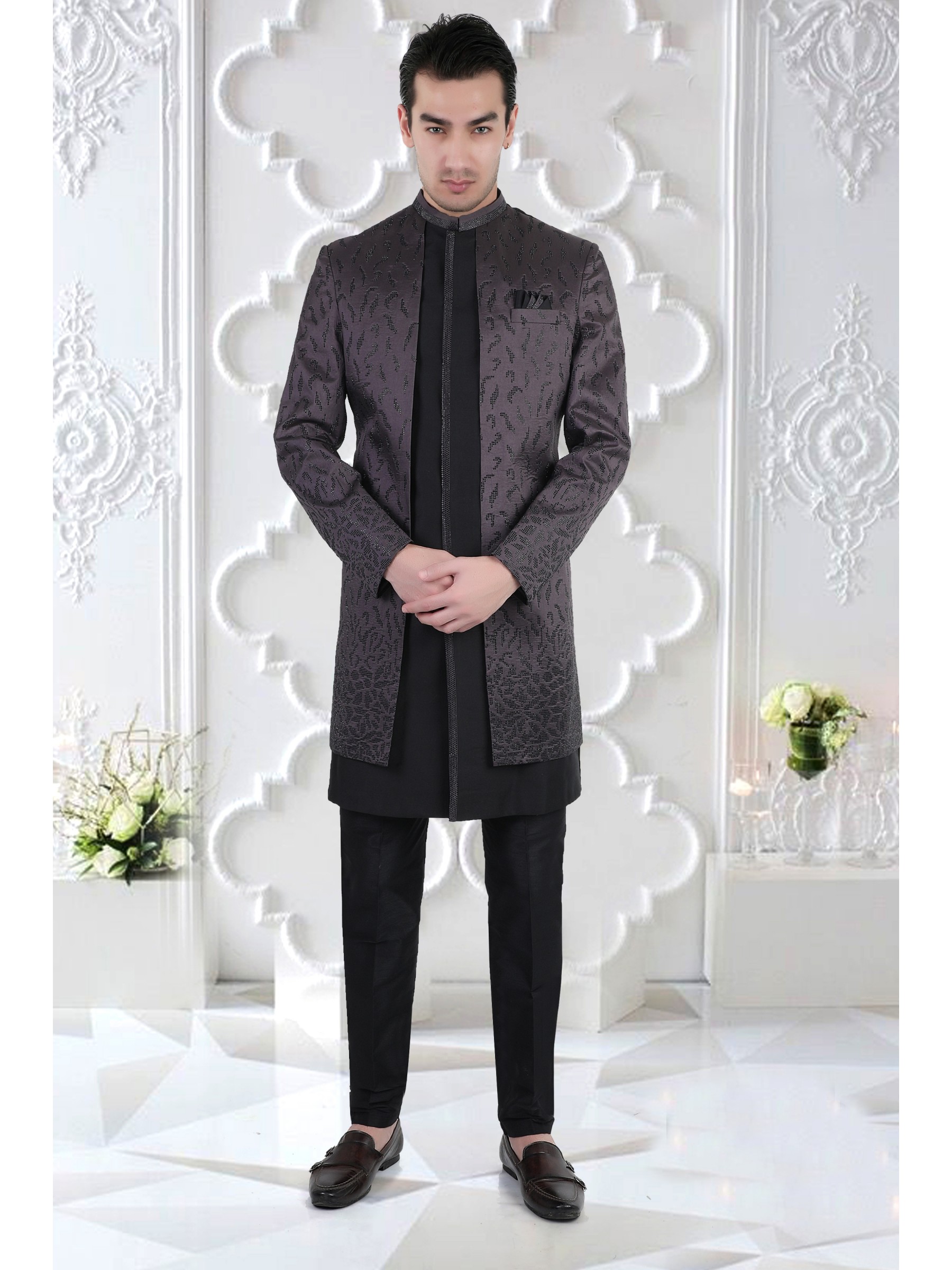 Heavy Imported Silk IndoWestern Ready Made Dress in Grey Color 