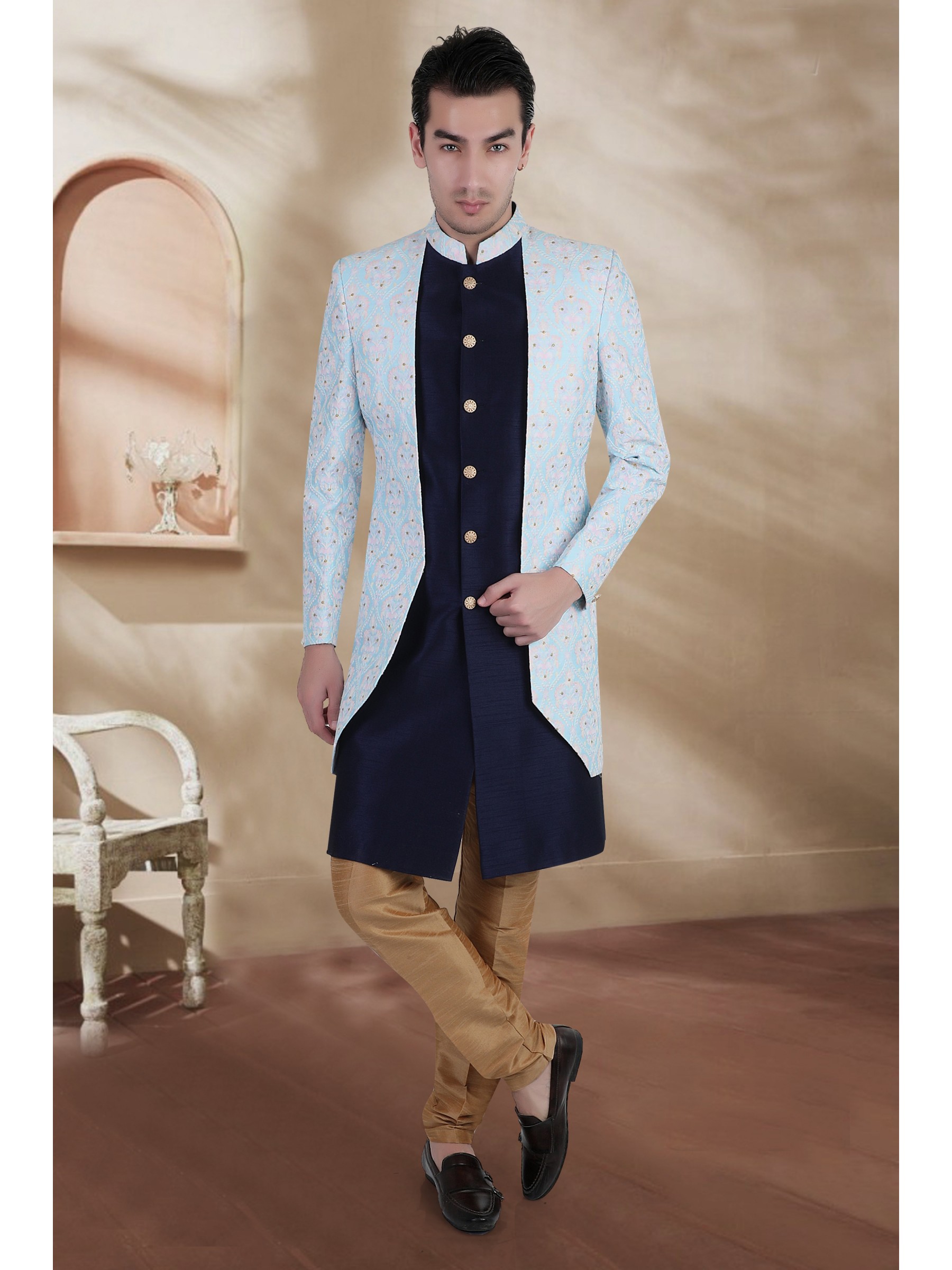 Heavy Imported Silk IndoWestern Ready Made Dress in Sky Blue Color 