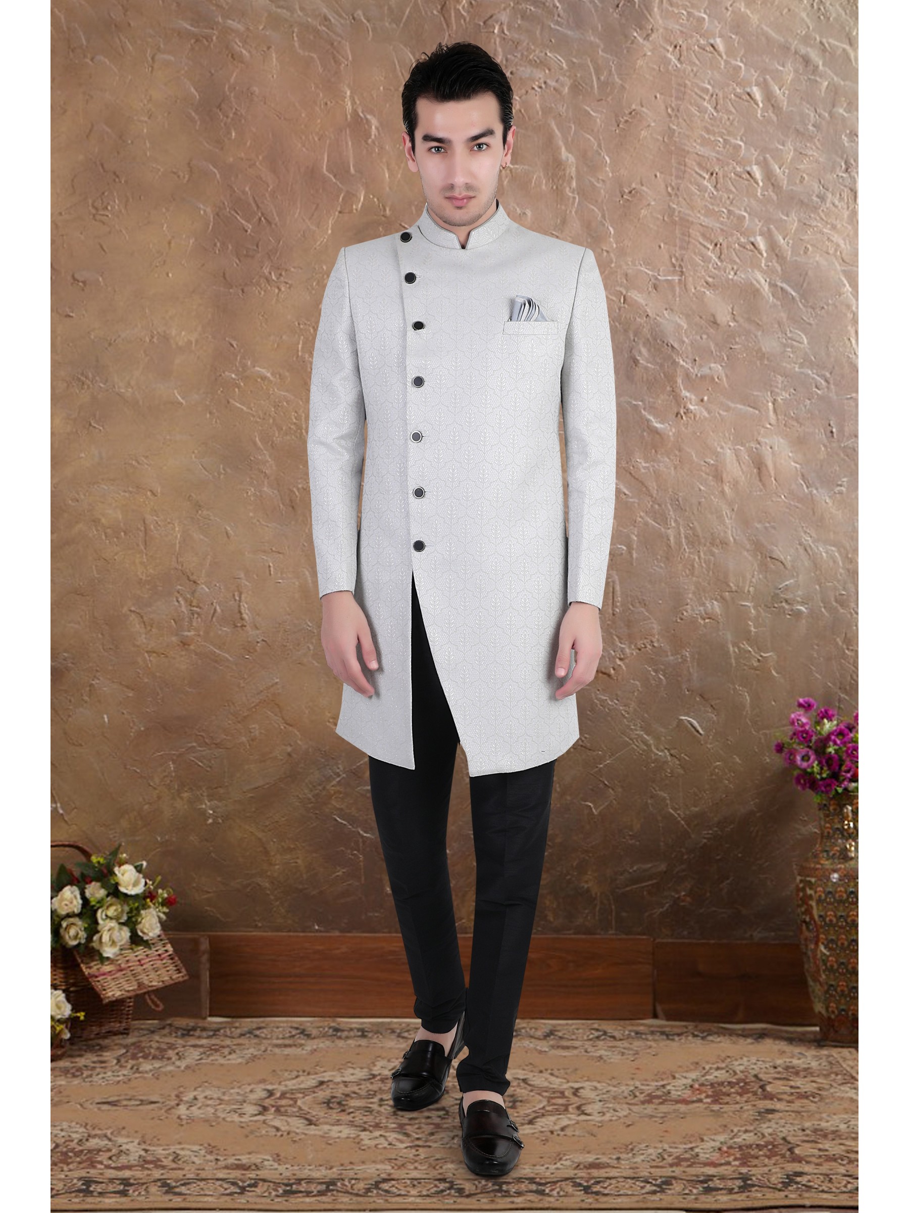 Heavy Imported Silk IndoWestern Ready Made Dress in Grey Color 