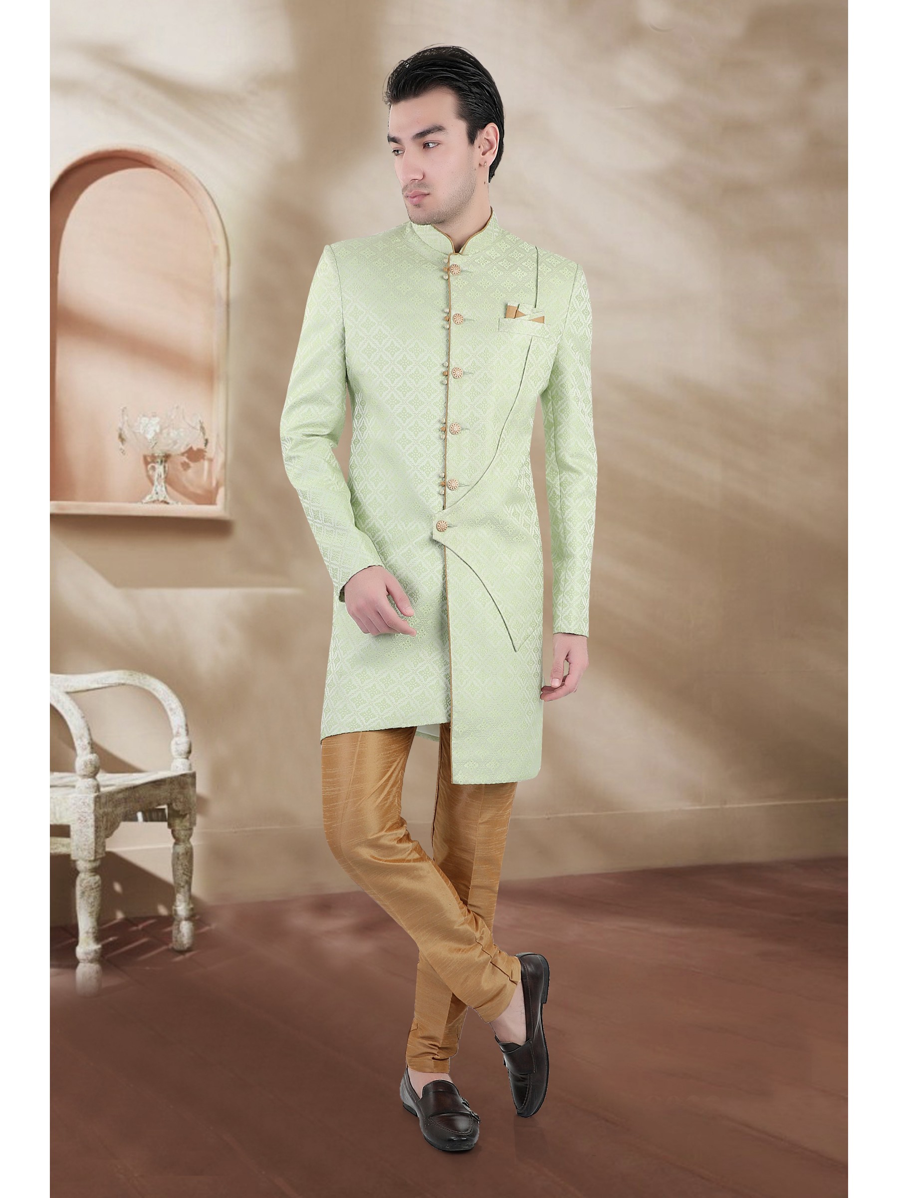 Heavy Imported Silk IndoWestern Ready Made Dress in Light Green Color 