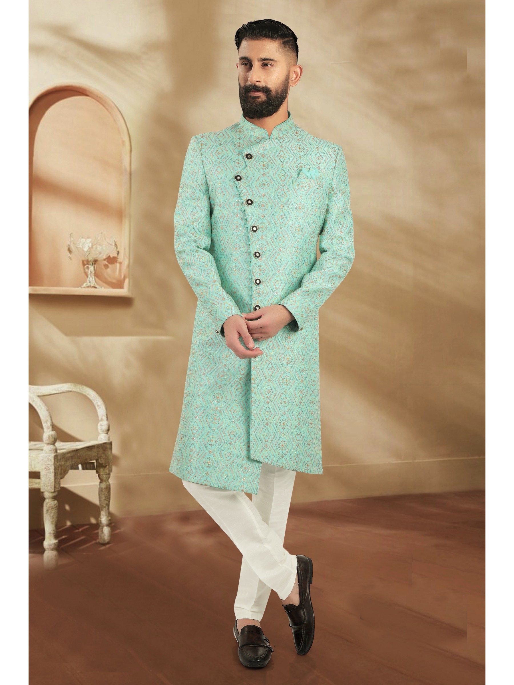 Heavy Imported Silk IndoWestern Ready Made Dress in Firozi Color 