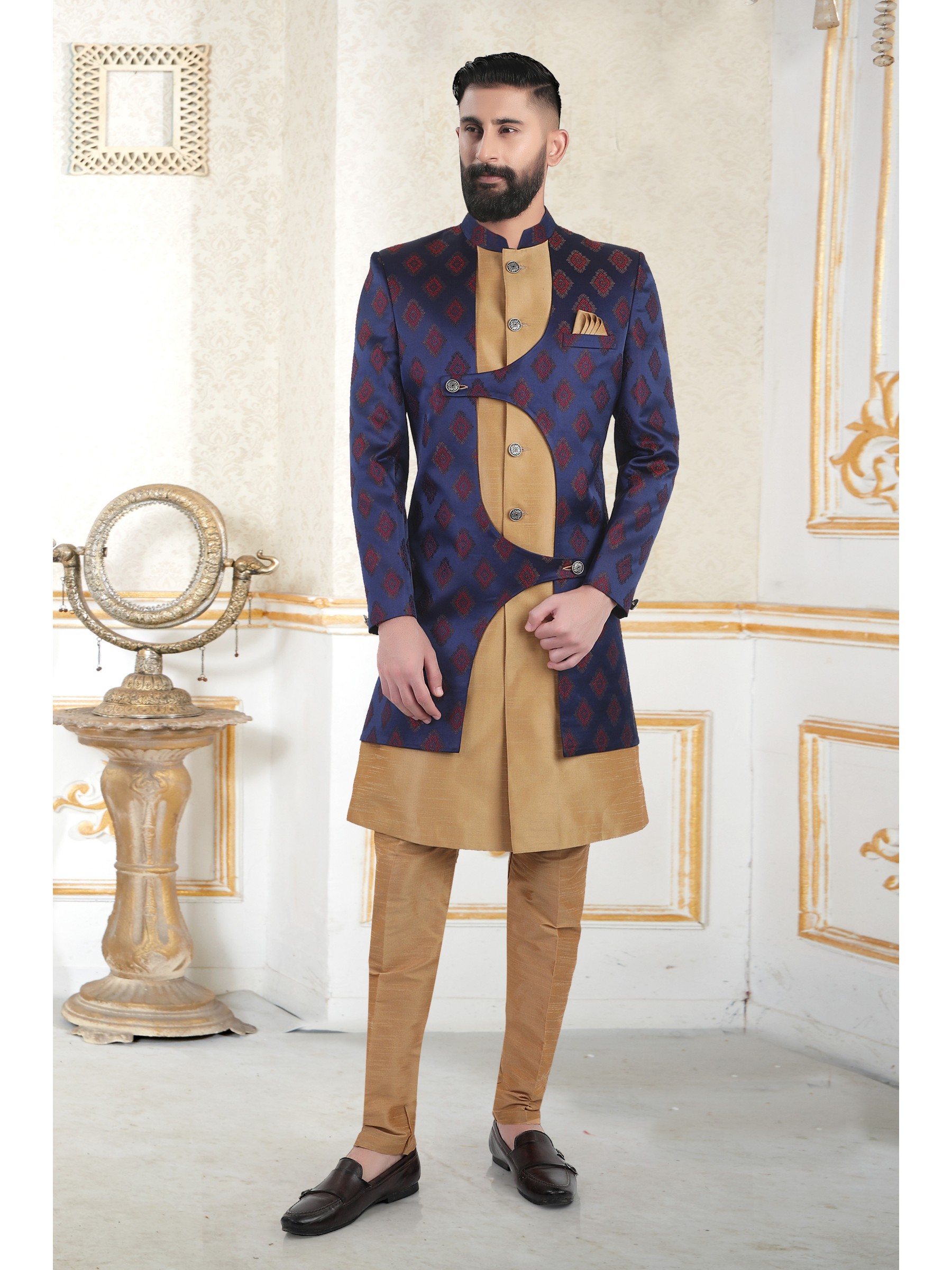 Heavy Imported Silk IndoWestern Ready Made Dress in Navy Blue Color 