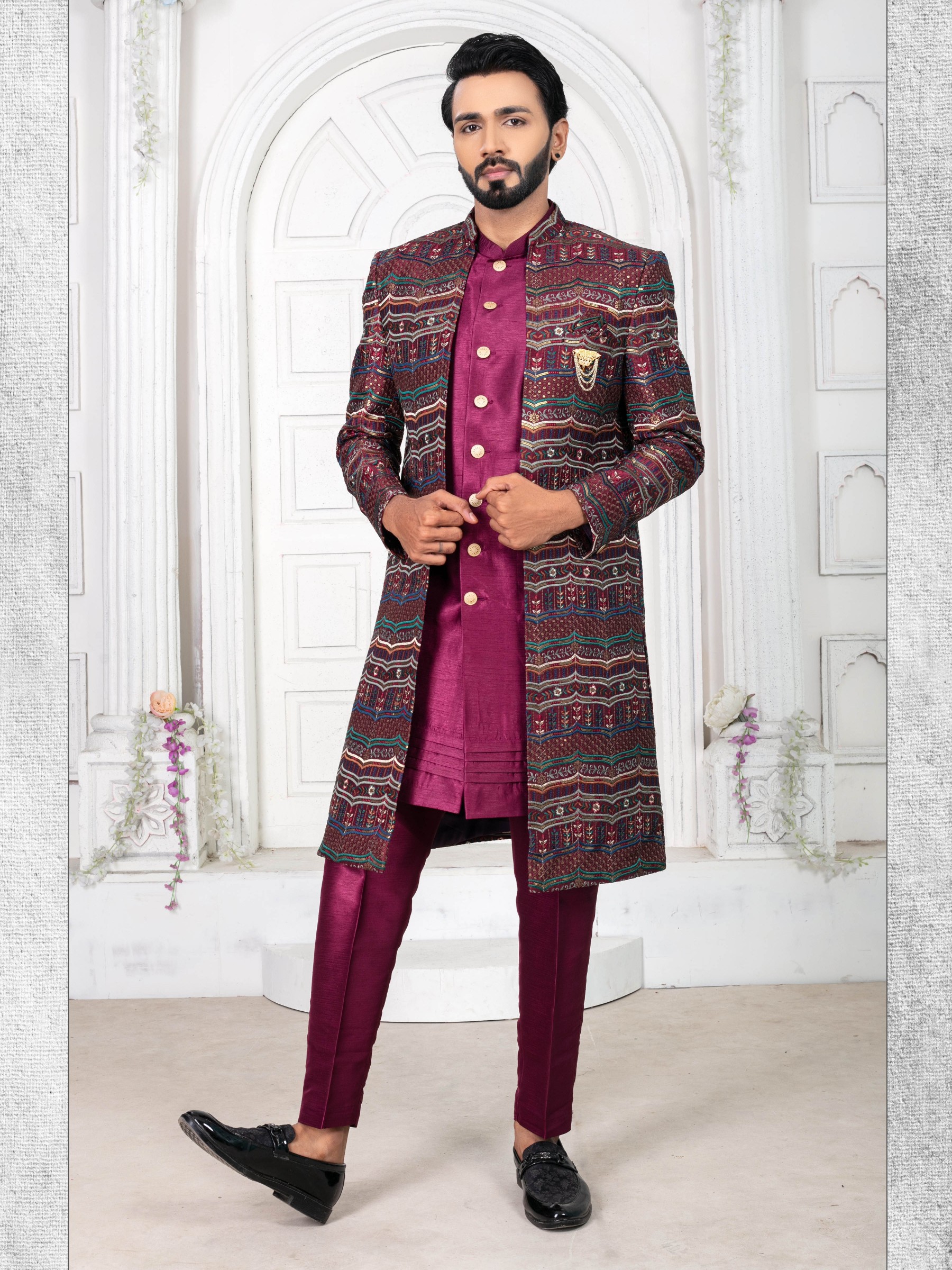 Pure Silk IndoWestern Ready Made Dress in Wine Color 