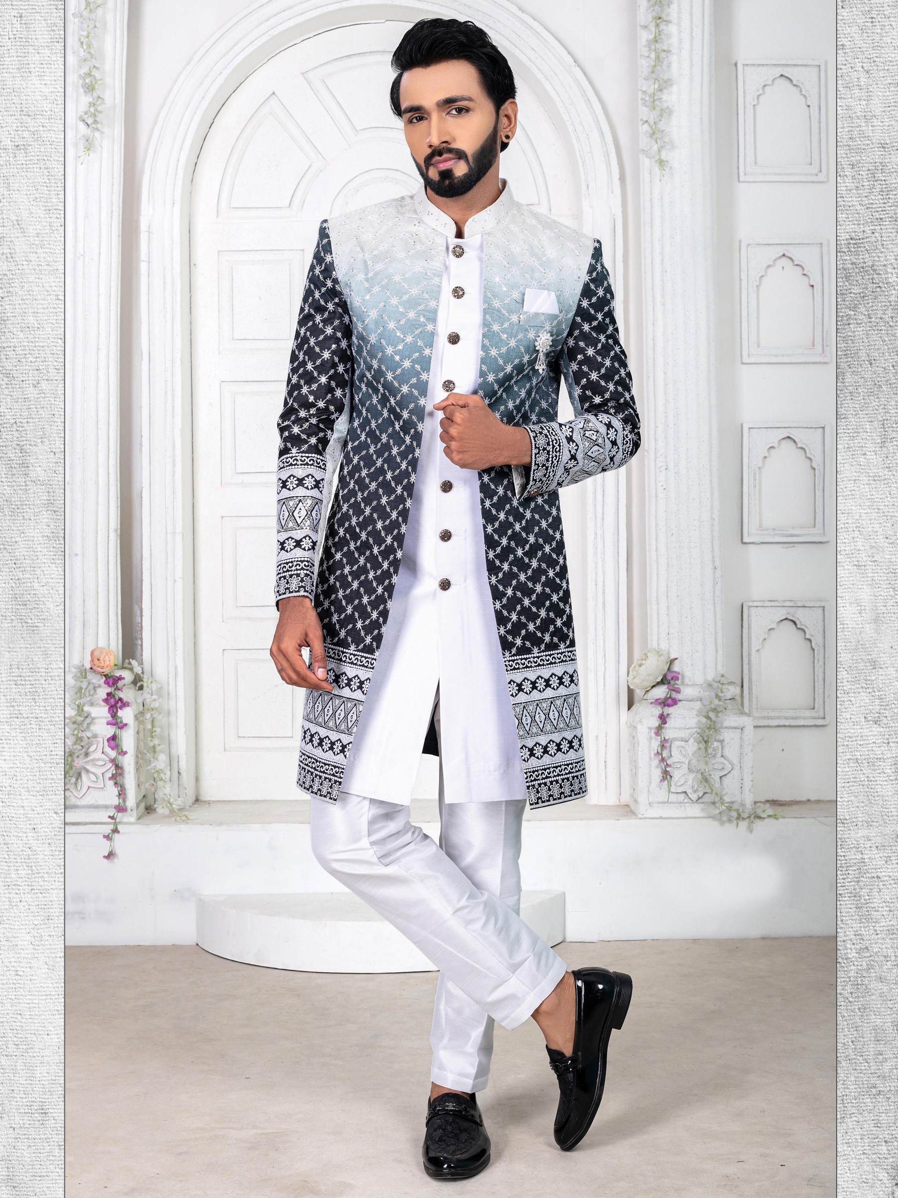 Pure Silk IndoWestern Ready Made Dress in Black & White Color with Embroidery work 