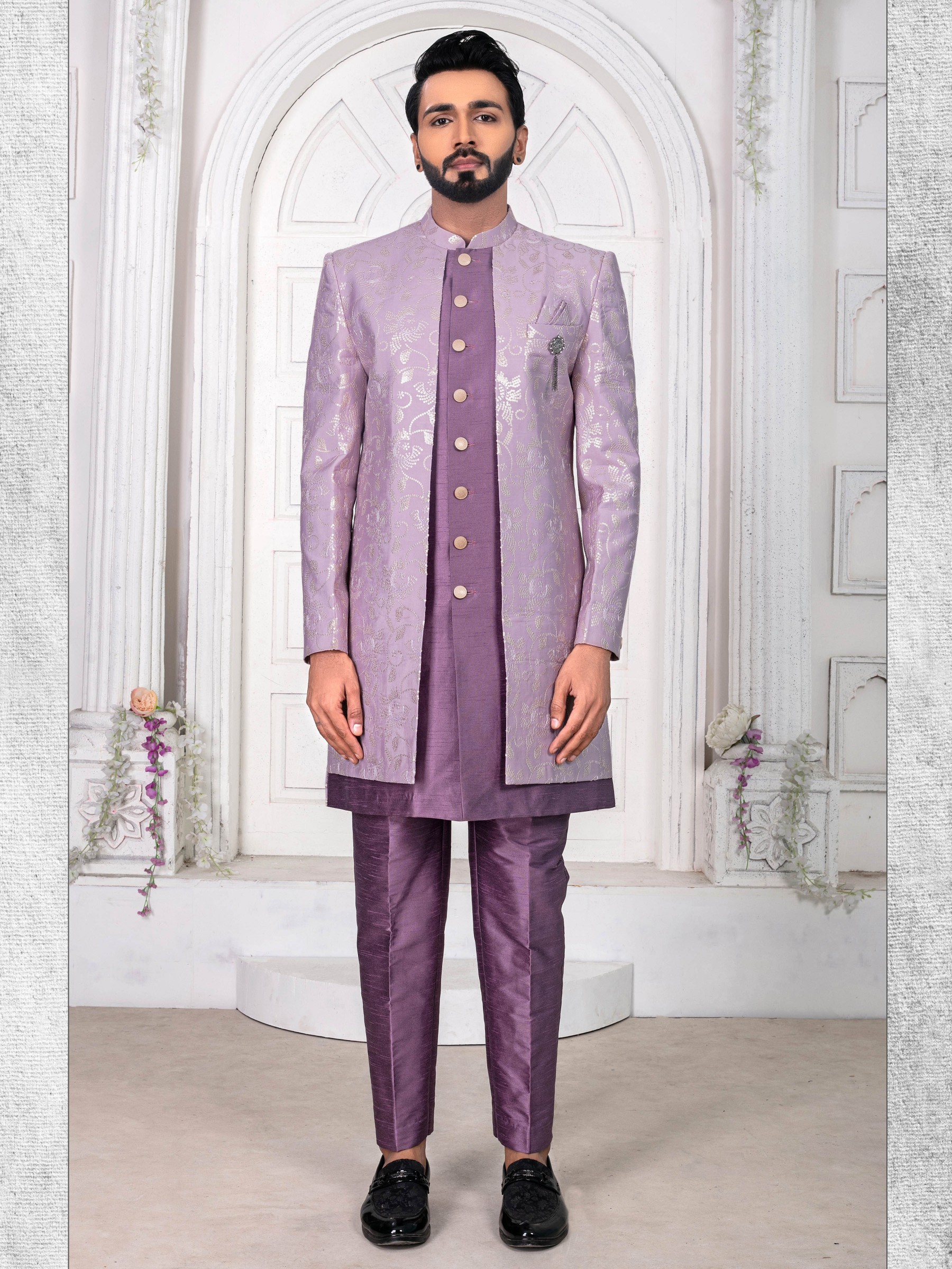 Pure Silk IndoWestern Ready Made Dress in Purple Color with Embroidery work 