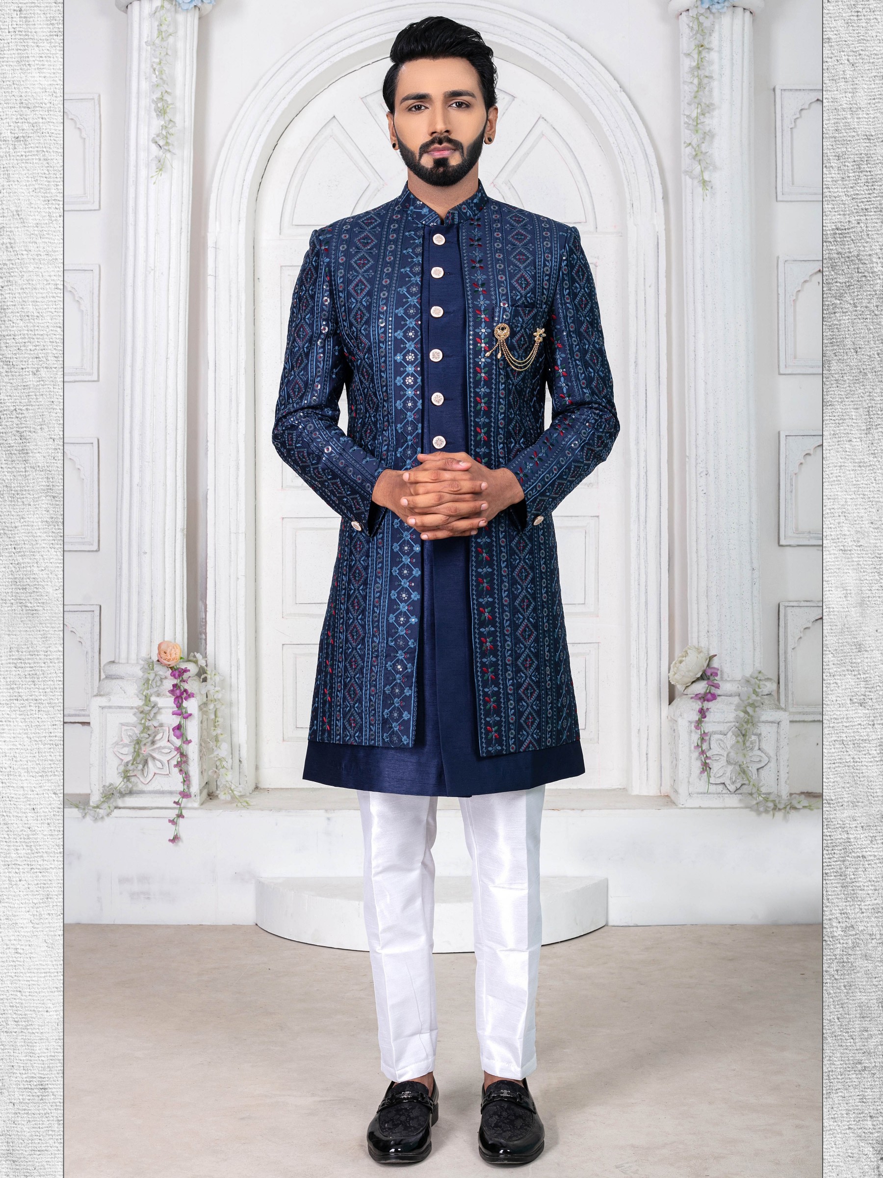 Pure Silk IndoWestern Ready Made Dress in Blue Color with Embroidery work 