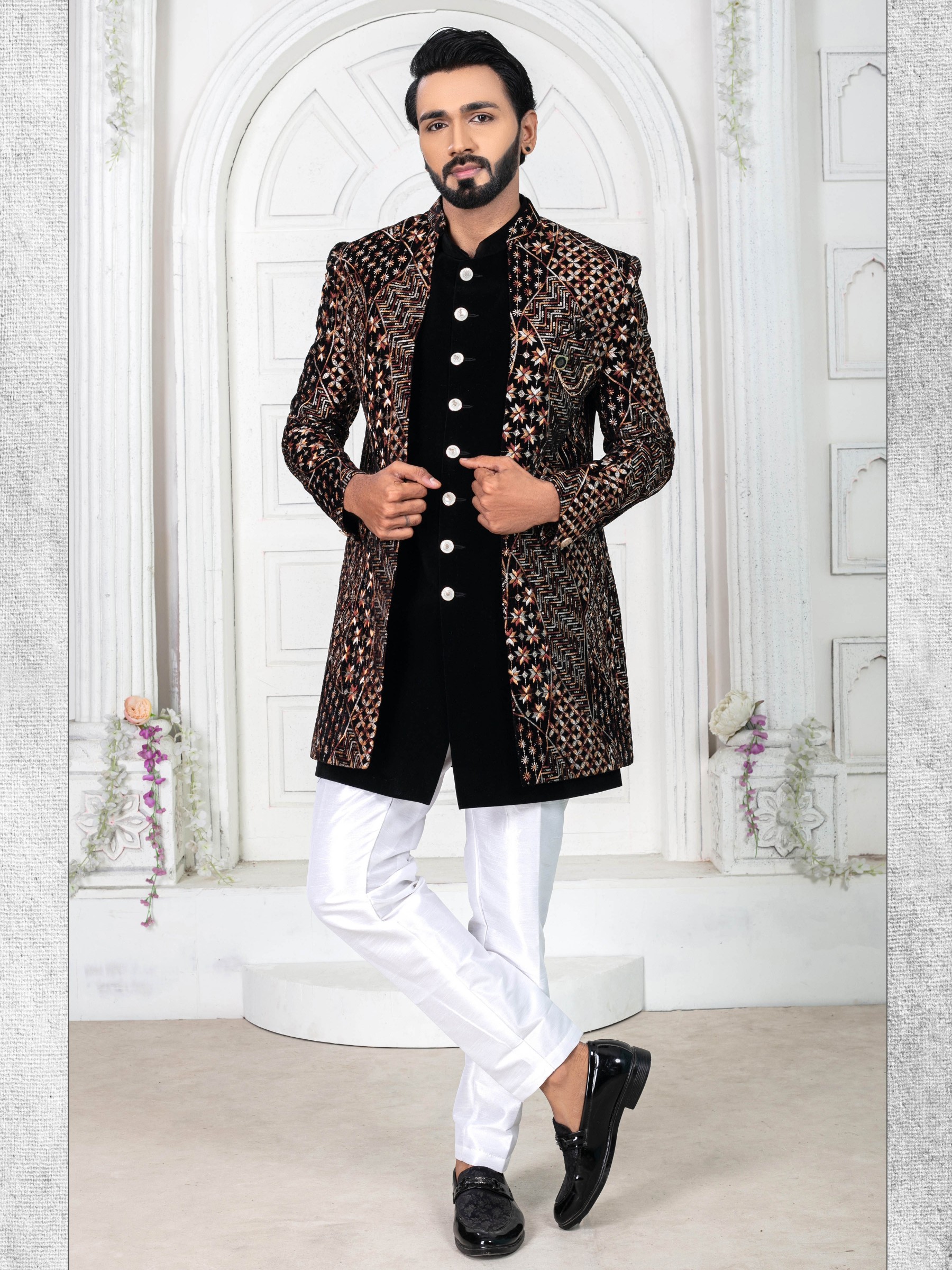 Pure Micro Velvet IndoWestern Ready Made Dress in Black Color with Embroidery work 
