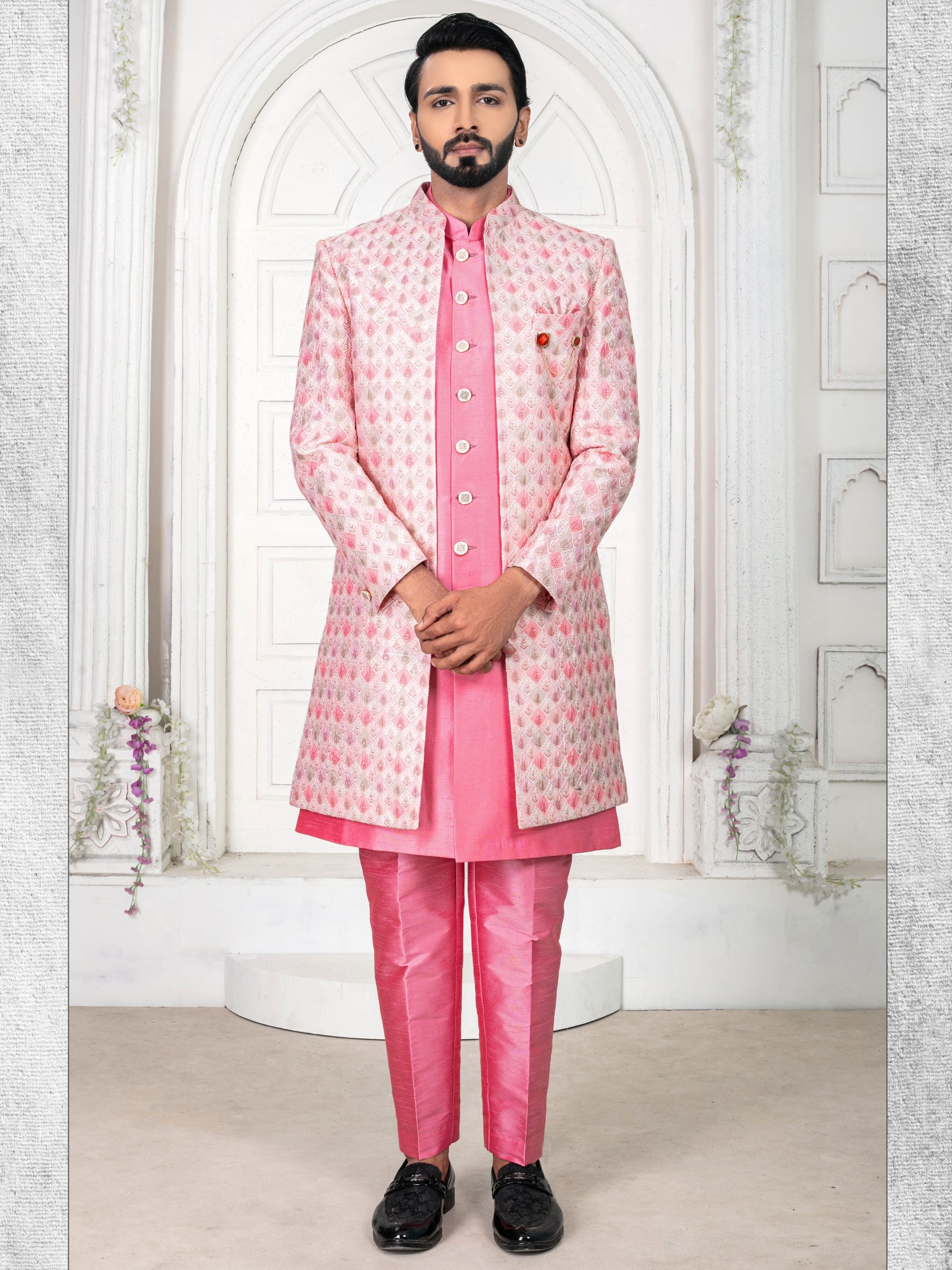 Pure Silk IndoWestern Ready Made Dress in Pink Color with Embroidery work 