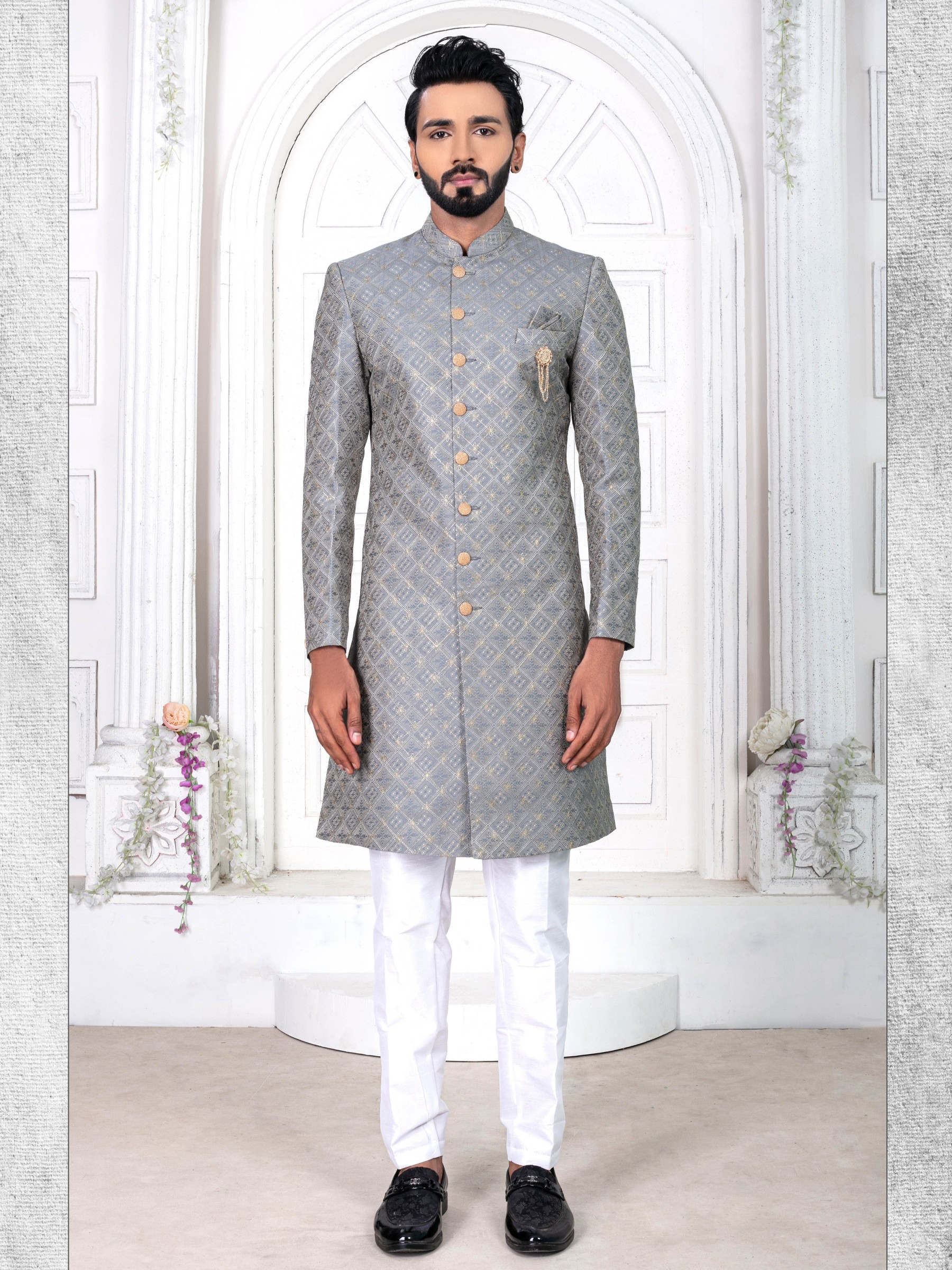 Jacquard Silk IndoWestern Ready Made Dress in Grey Color With Embroidery