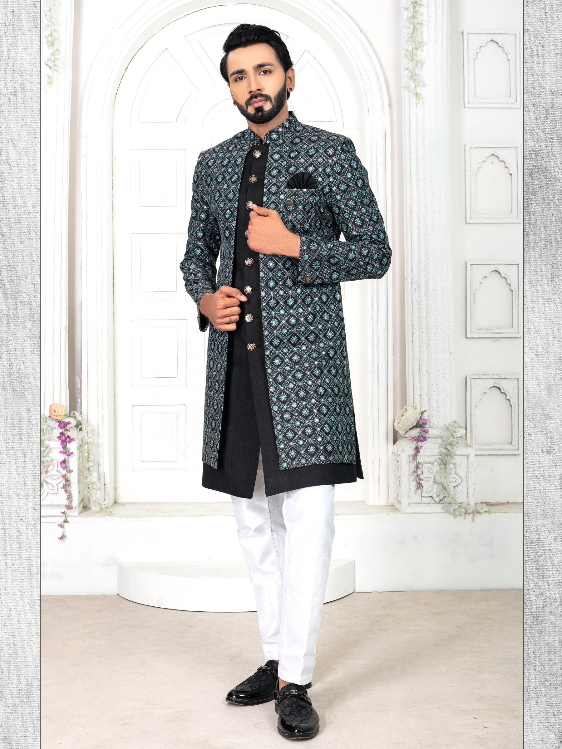 Pure Silk IndoWestern Ready Made Dress in Black & Grey Color with Embroidery work 