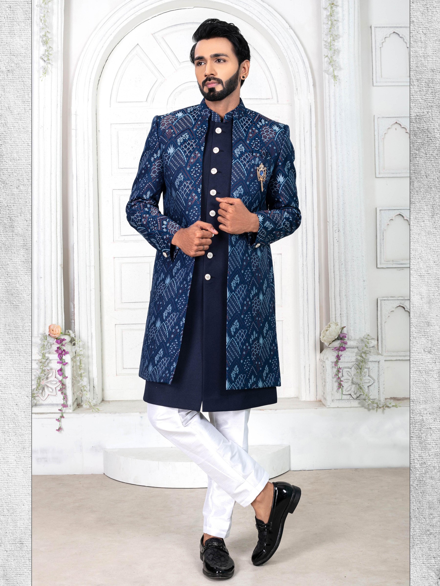 Jacquard Silk IndoWestern Ready Made Dress in Blue 