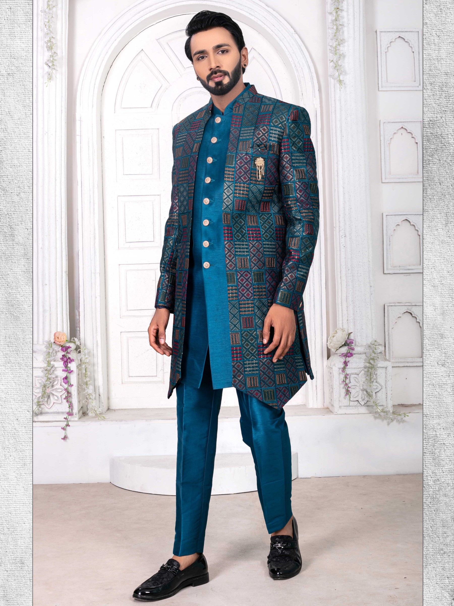 Pure Silk Velvet IndoWestern Ready Made Dress in Peacock Color with Embroidery work 
