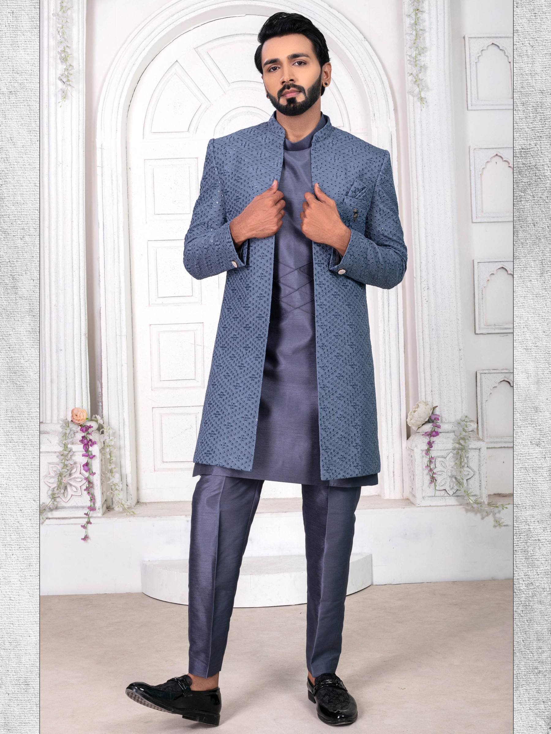 Pure Silk IndoWestern Ready Made Dress in Grey Color with Embroidery work 