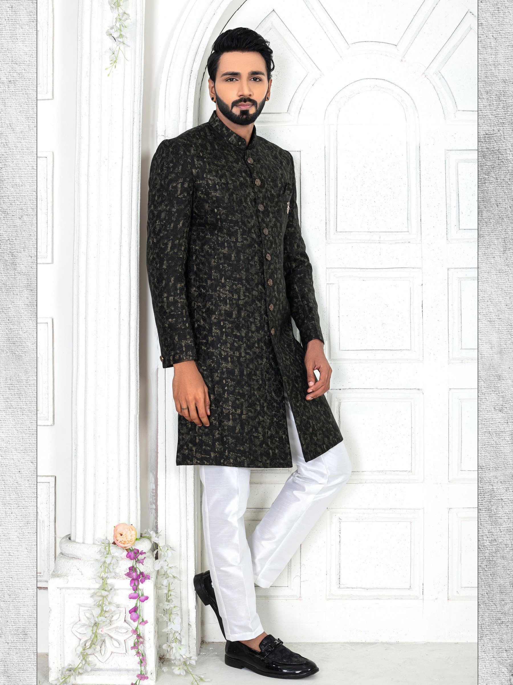 Jacquard Silk IndoWestern Ready Made Dress in Botton Green Color With Foil Print 