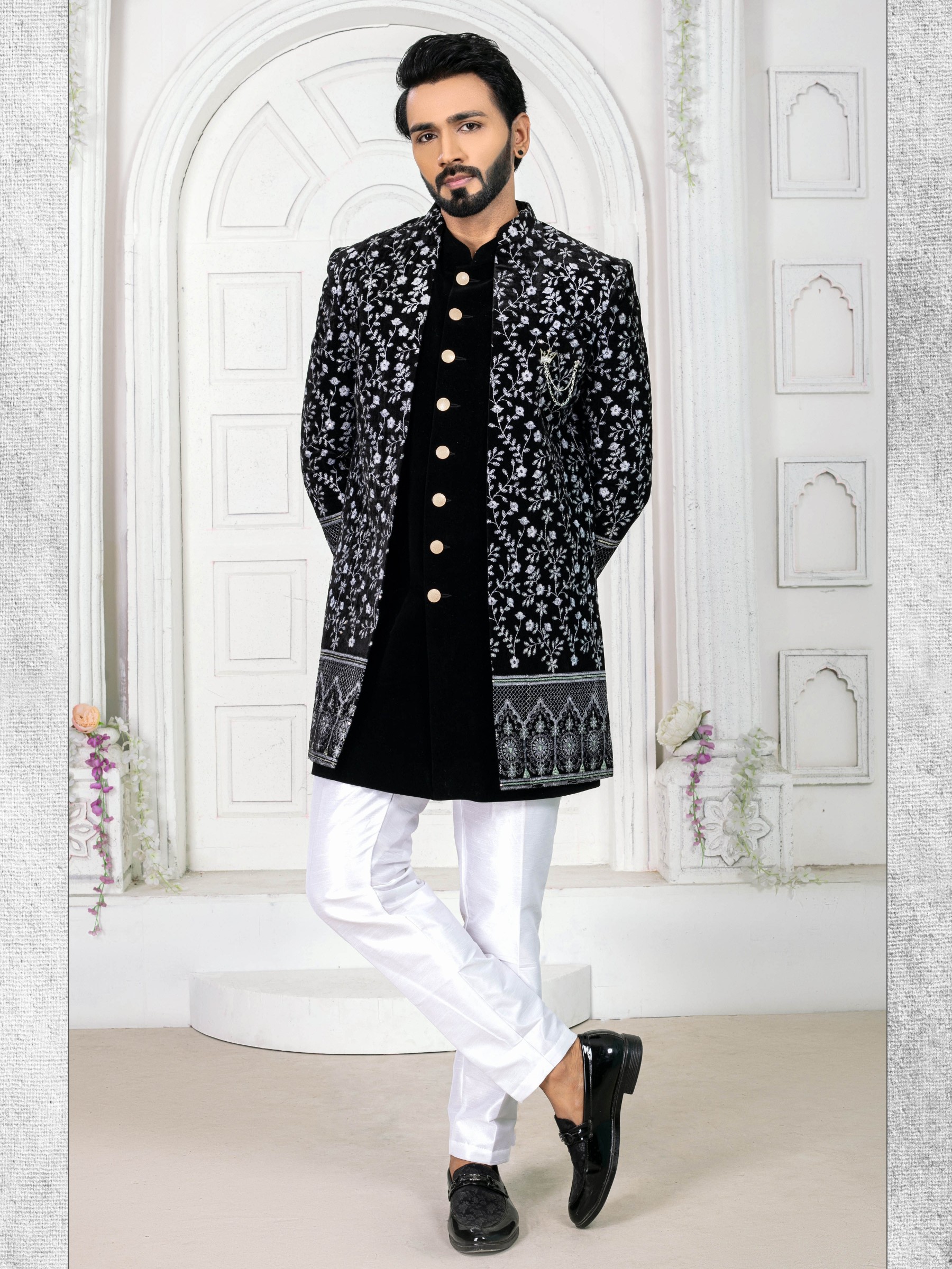 Pure Micro Velvet IndoWestern Ready Made Dress in Black & White Color with Embroidery work 
