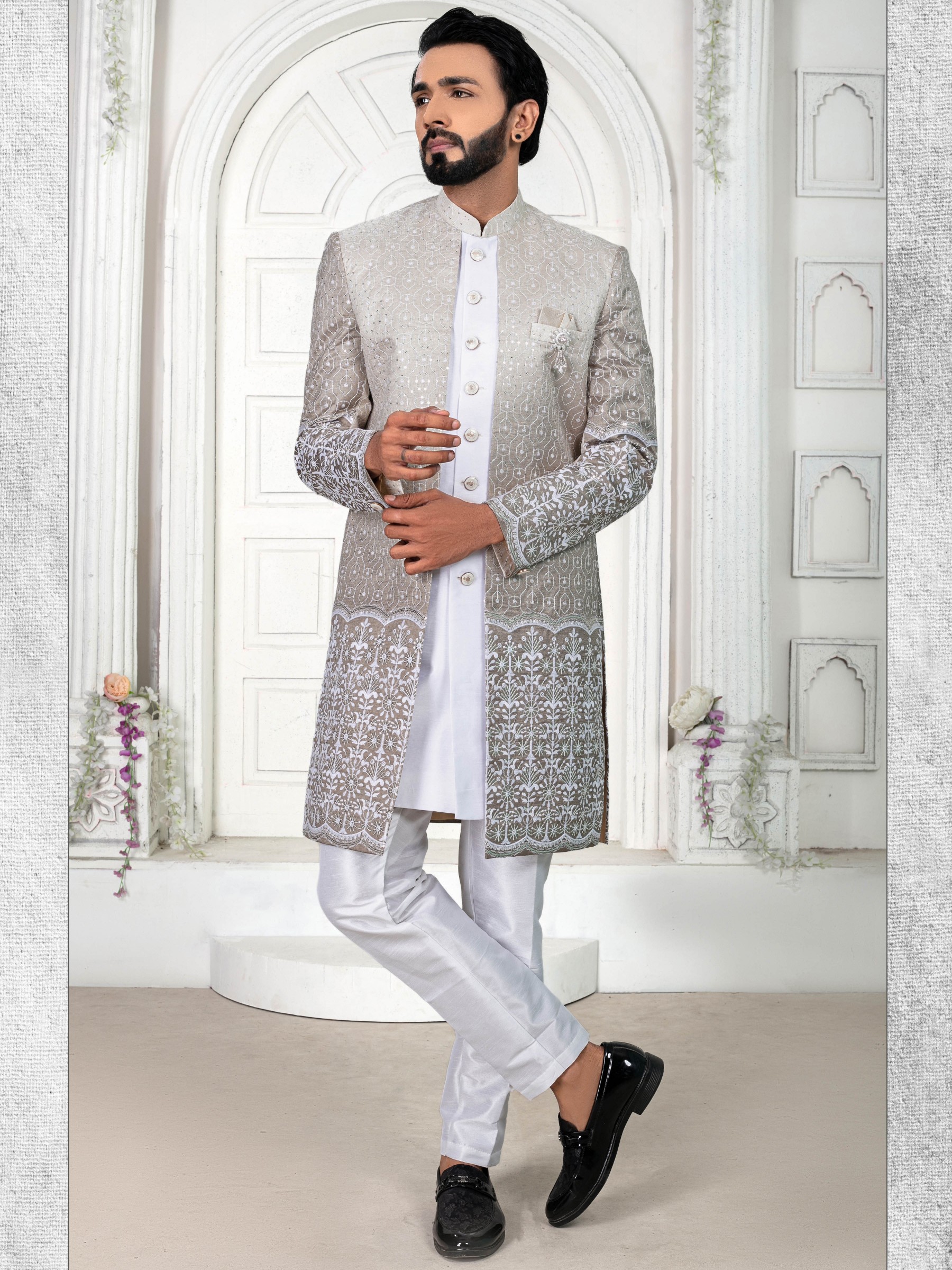 Pure Silk IndoWestern Ready Made Dress in White & Grey Color with Embroidery work 