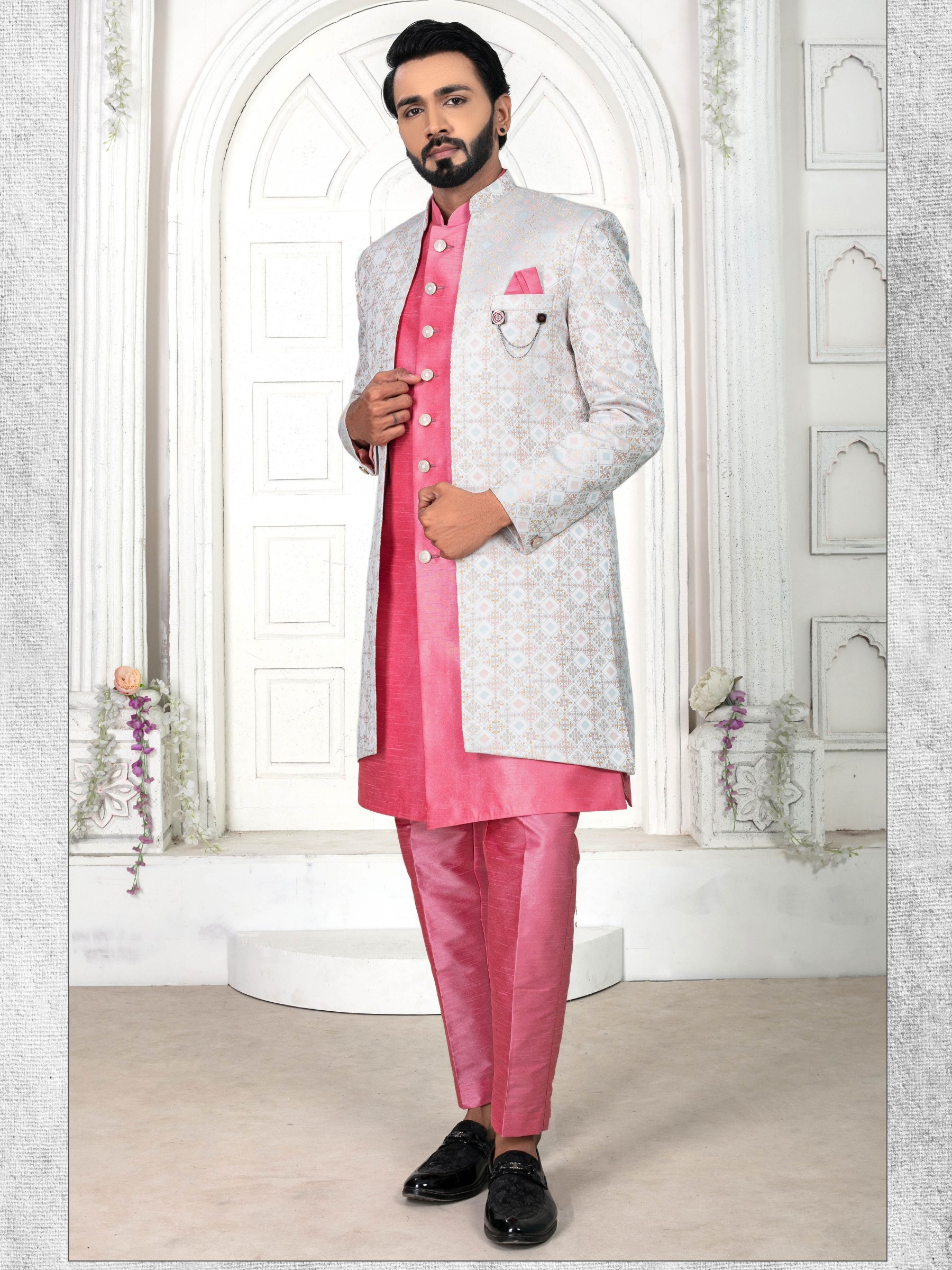 Jacquard Silk IndoWestern Ready Made Dress in Pink color  