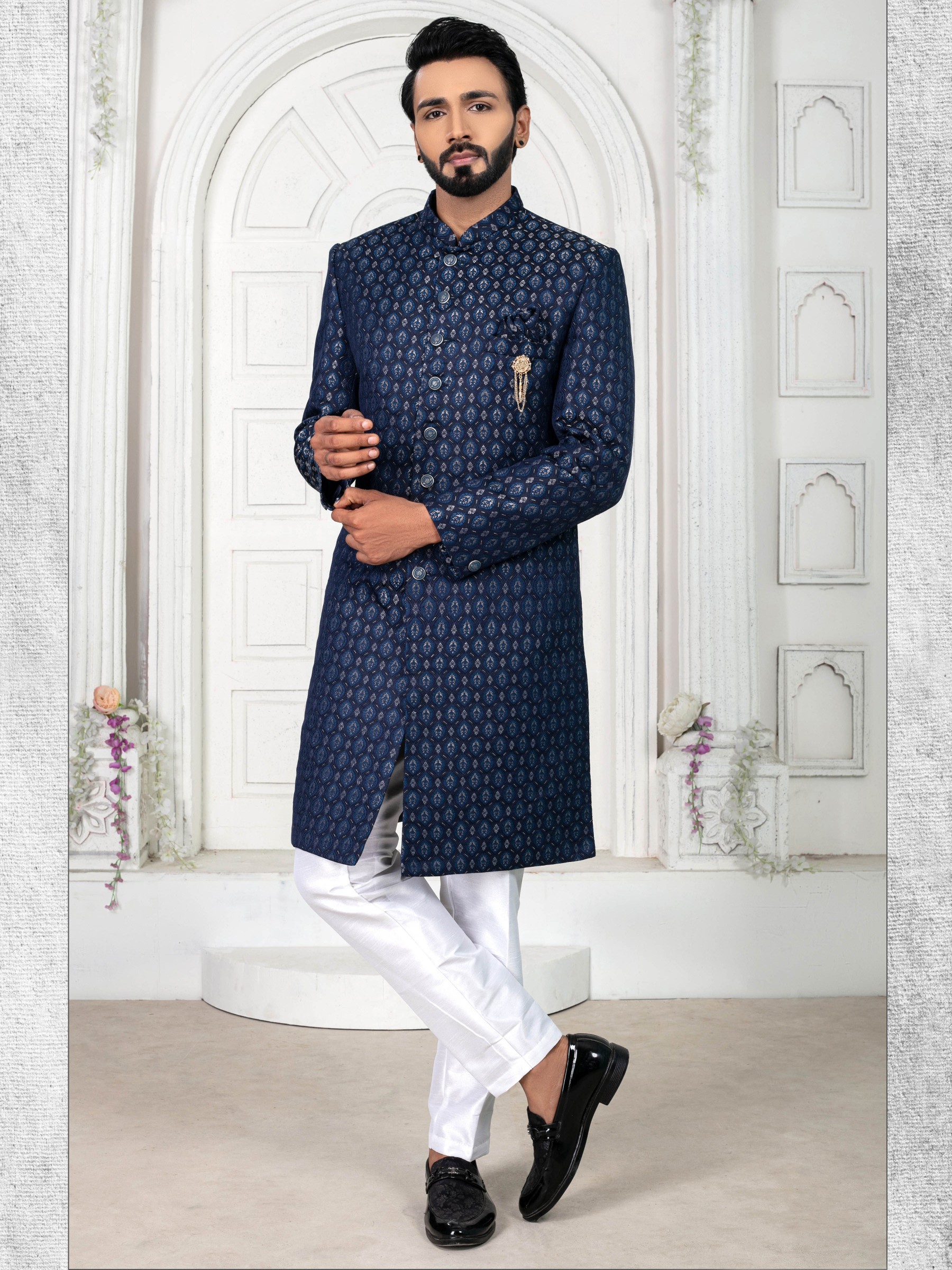 Jacquard Silk IndoWestern Ready Made Dress in Navy Blue color  