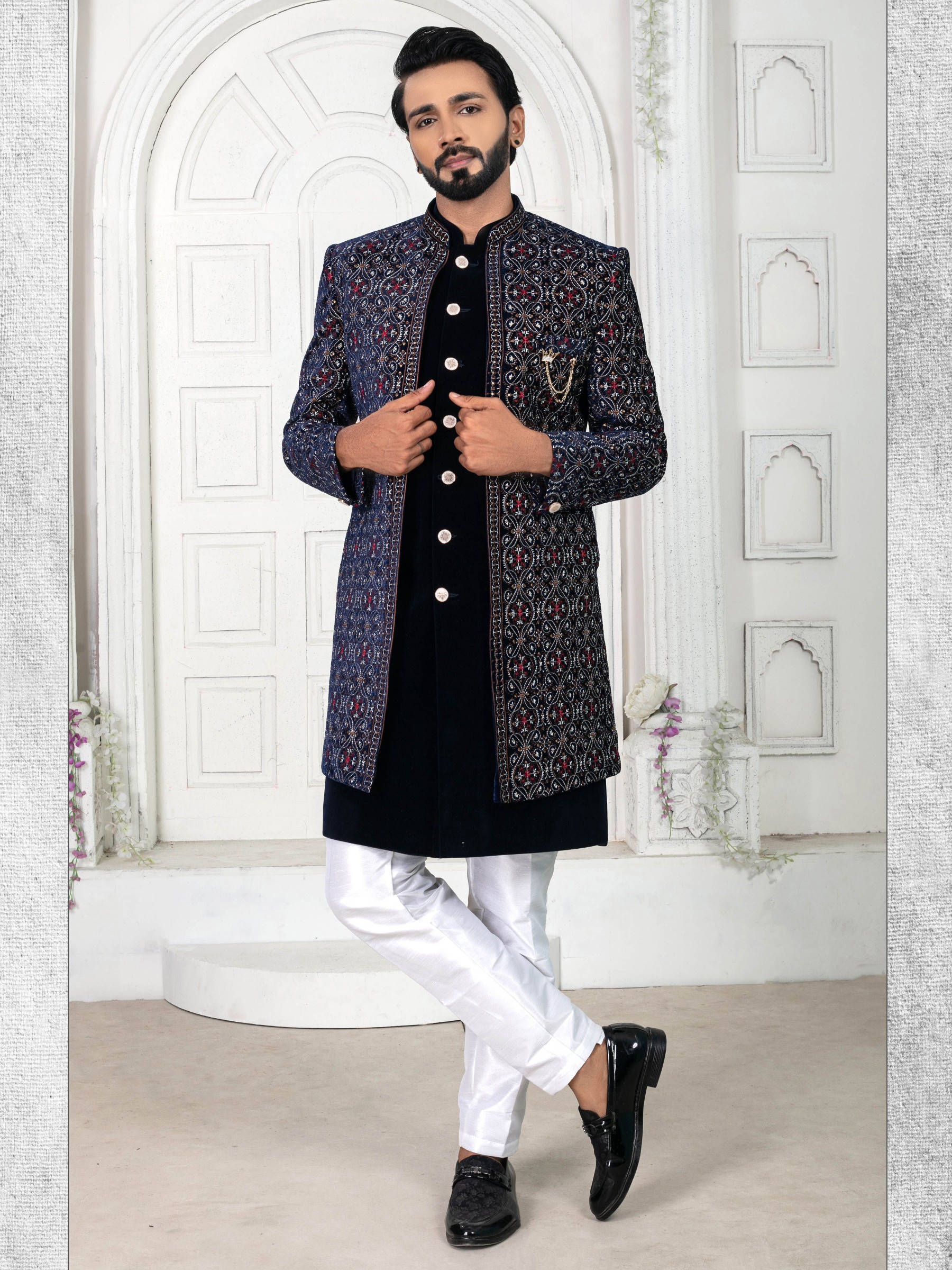 Pure Micro Velvet with IndoWestern Ready Made Dress in Black & Navy Blue Color with Embroidery work 