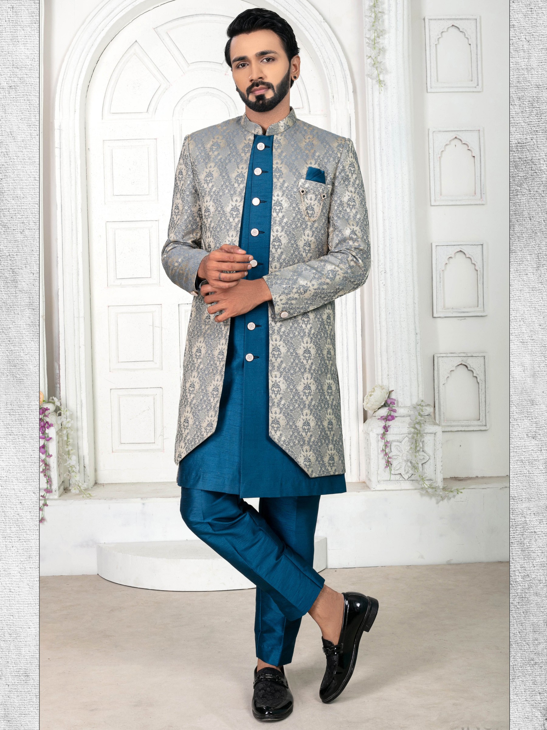 Jacquard Silk IndoWestern Ready Made Dress in Teal color  