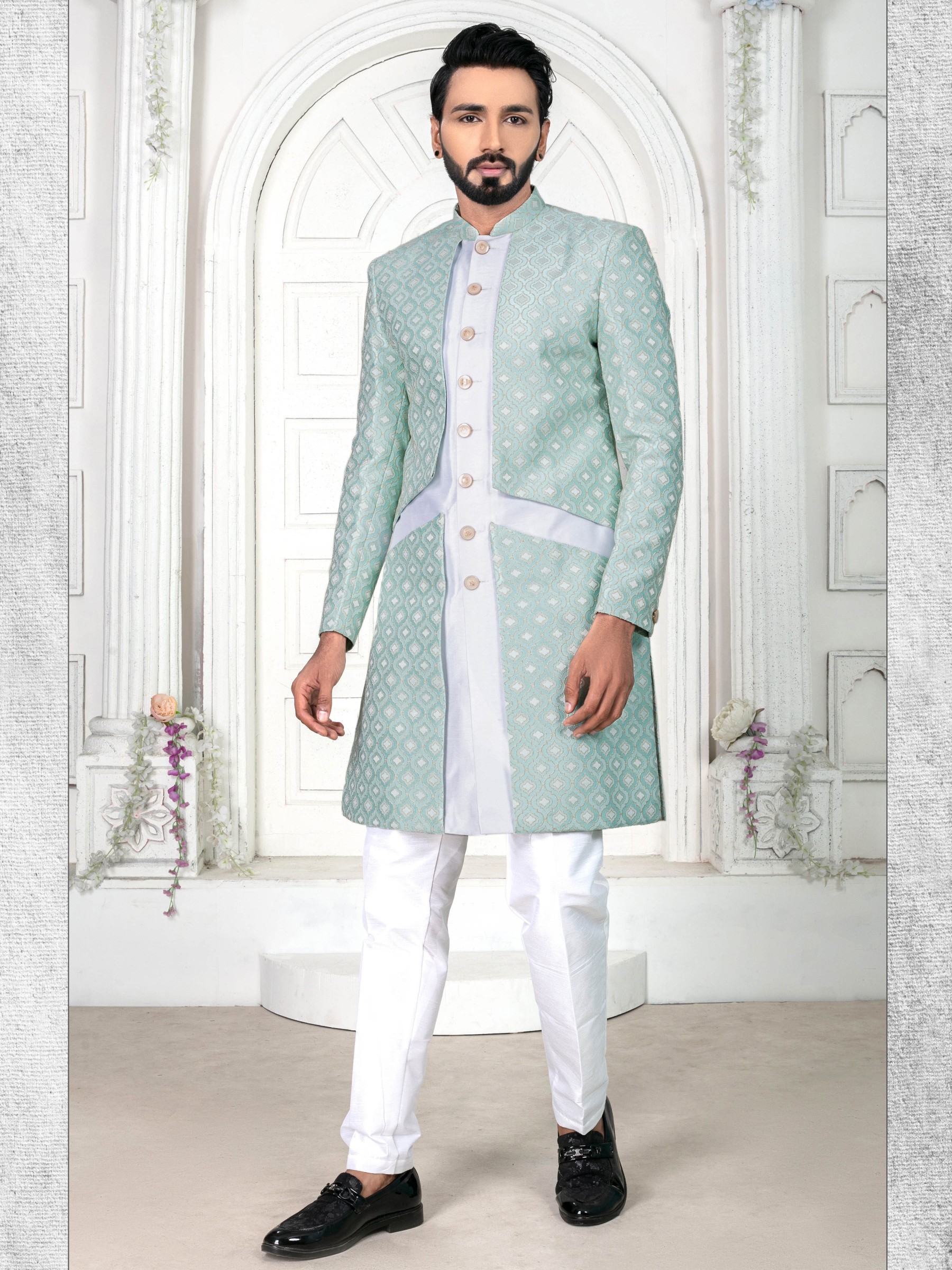 Jacquard Silk IndoWestern Ready Made Dress in Off White color  