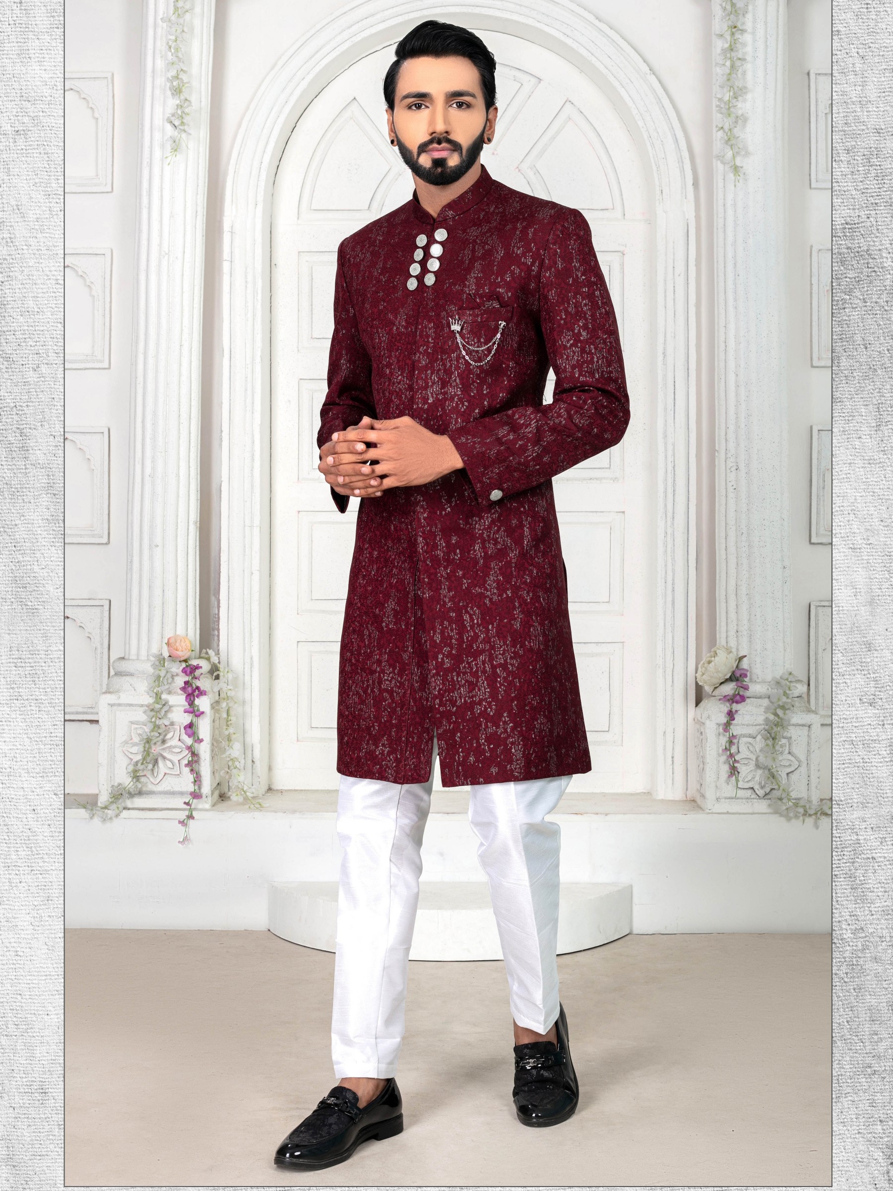 Jacquard Silk IndoWestern Ready Made Dress in Maroon color  