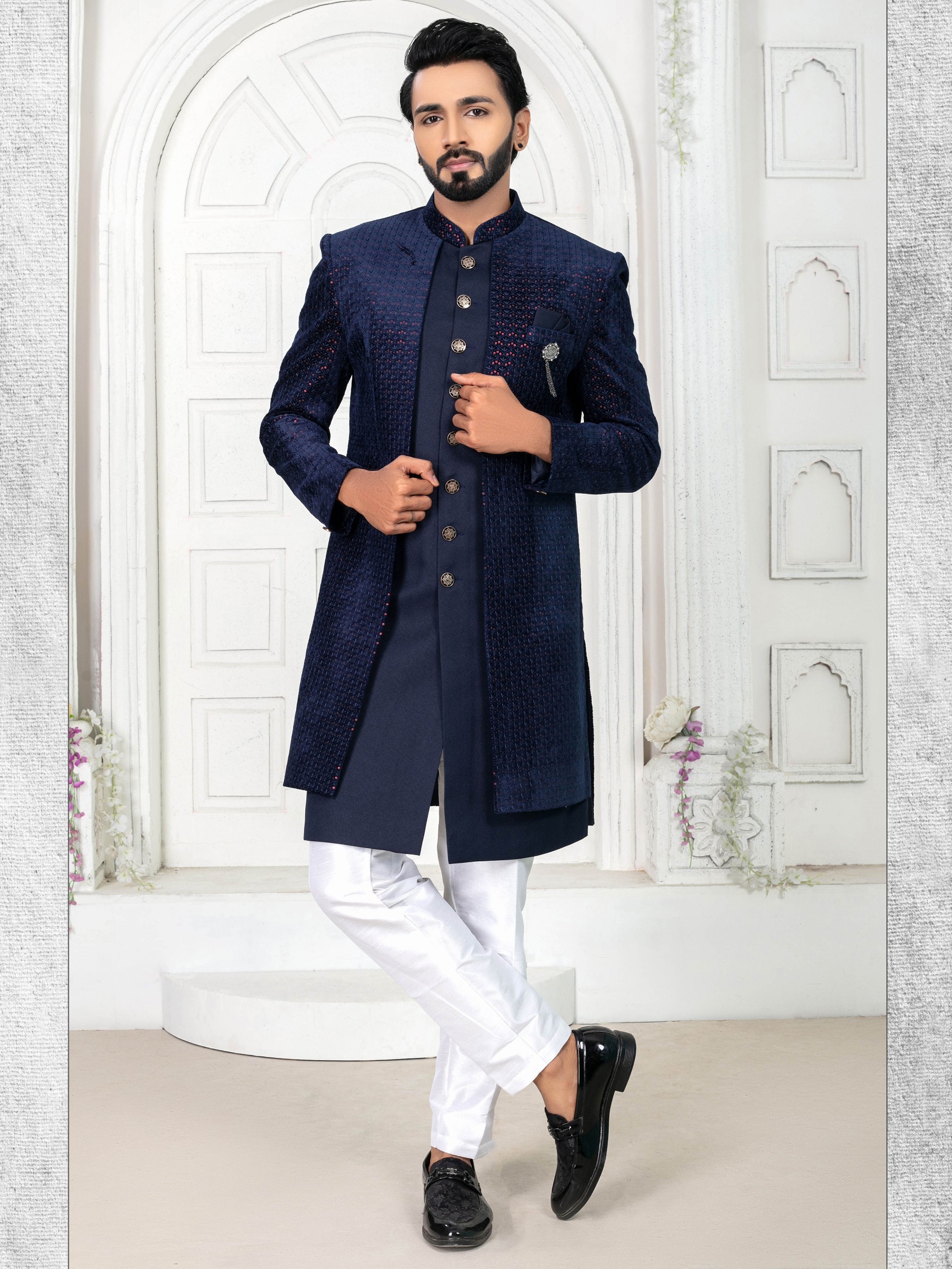 Pure Micro Velvet with IndoWestern Ready Made Dress in Navy Blue Color with Embroidery work 
