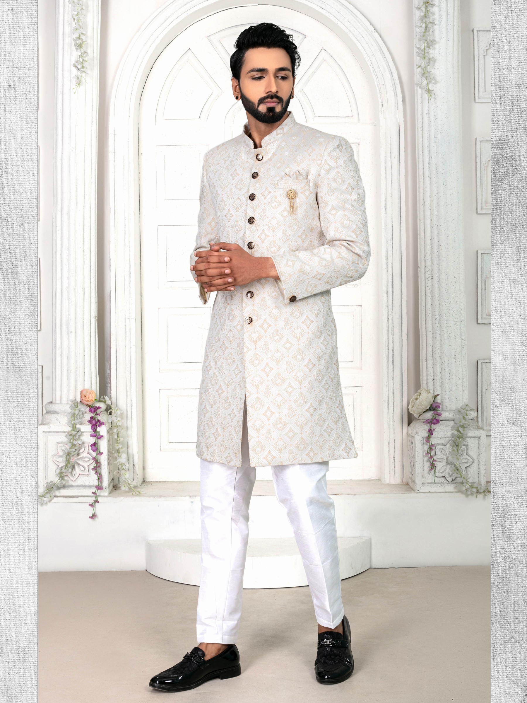 Jacquard Silk IndoWestern Ready Made Dress in Light Cream color  