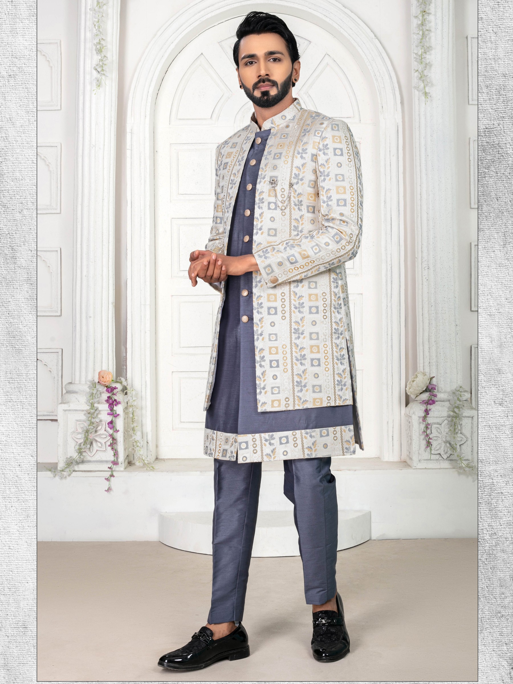Jacquard Silk IndoWestern Ready Made Dress in Grey color  