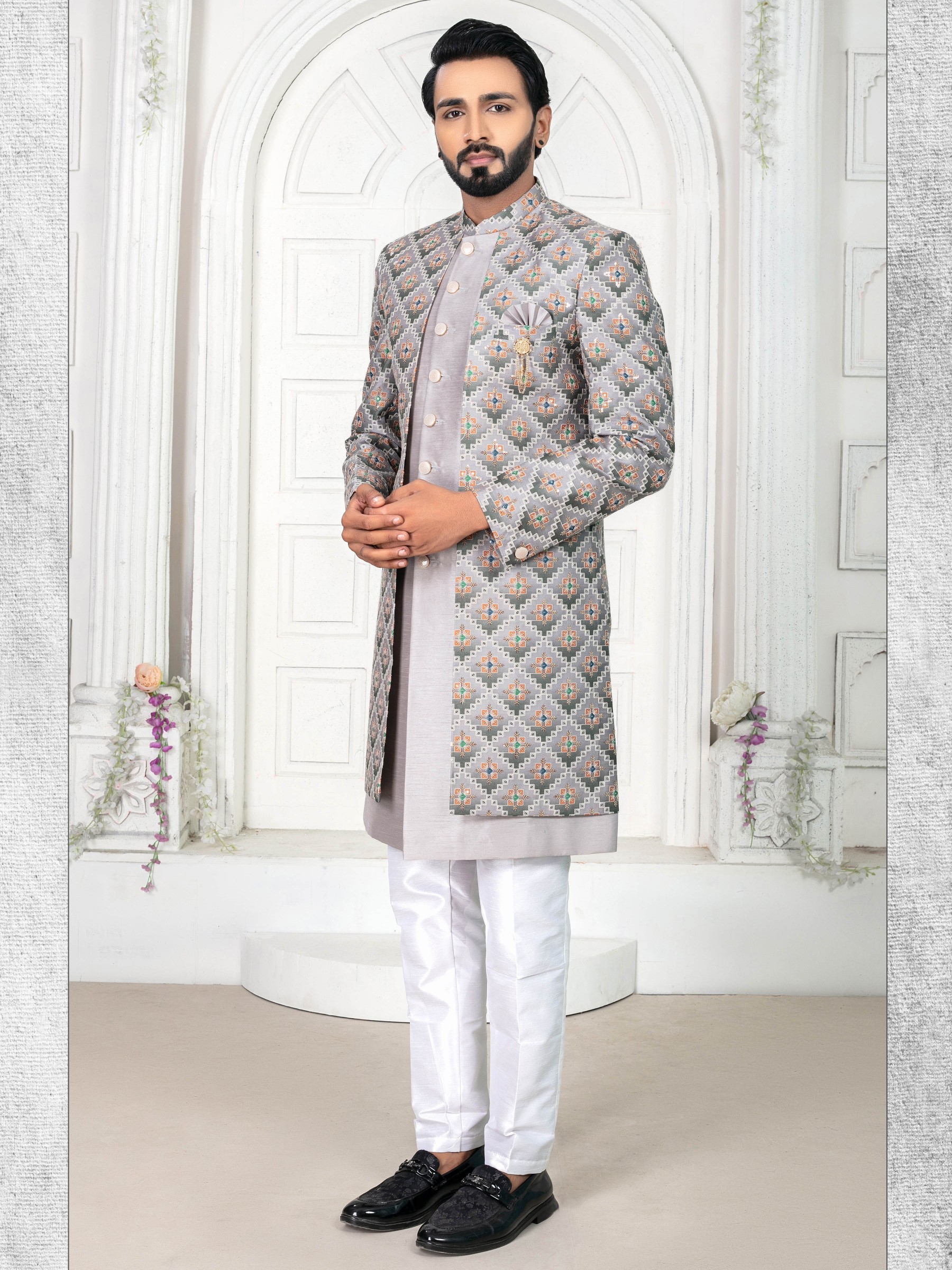 Pure Silk IndoWestern Ready Made Dress in Grey Color with Embroidery work 