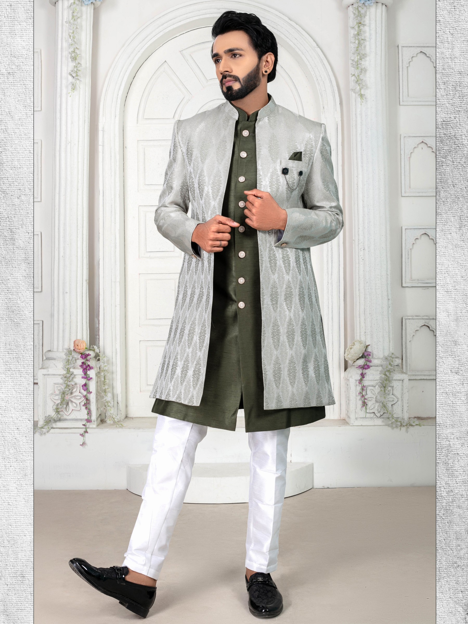 Jacquard Silk IndoWestern Ready Made Dress in Mahendi Green color  