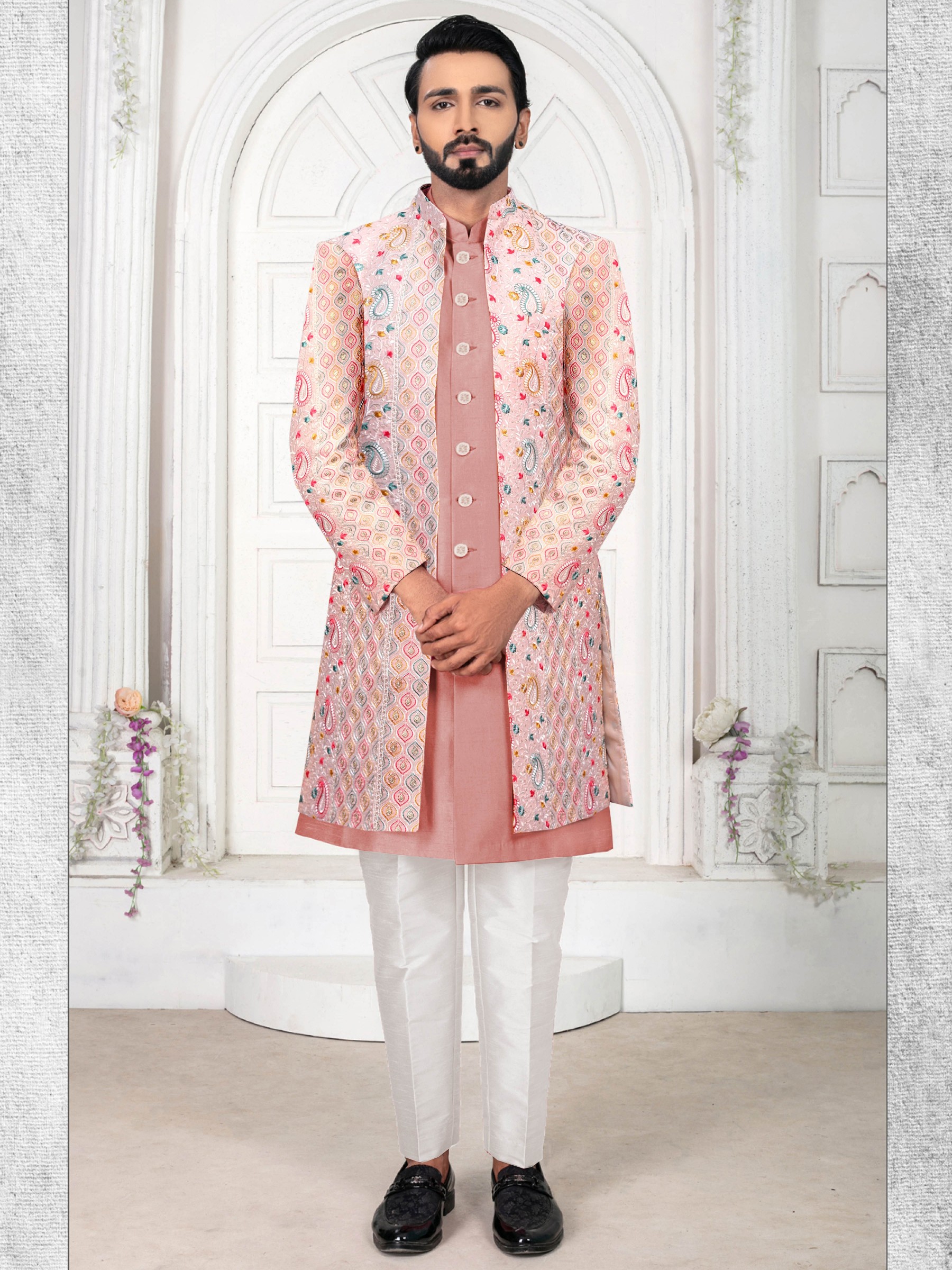 Pure Silk IndoWestern Ready Made Dress in Peach Color with Embroidery work 