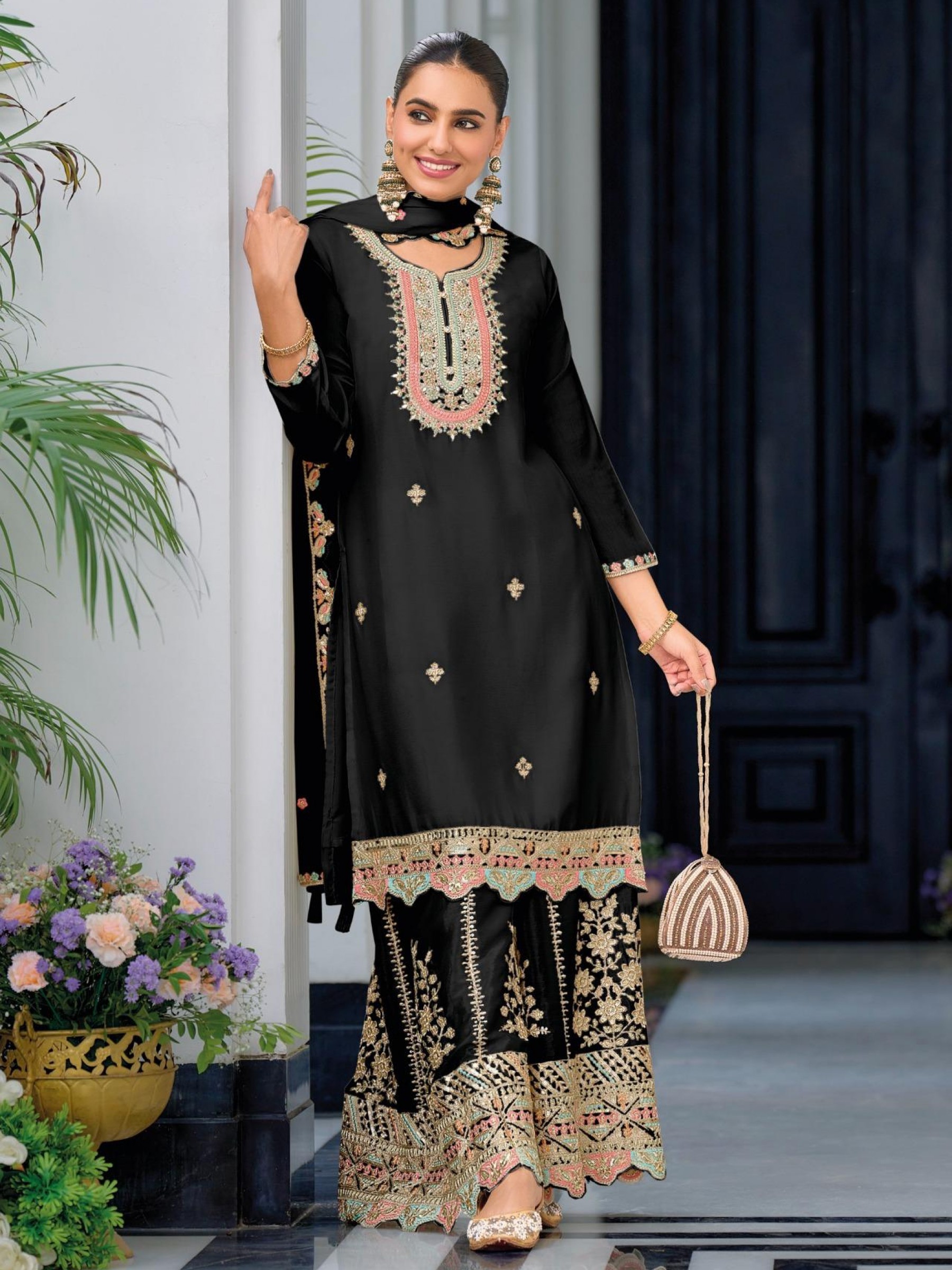 Pure Chinon Party Wear Readymade Sharara Suit in Black Color with Embroidery Work