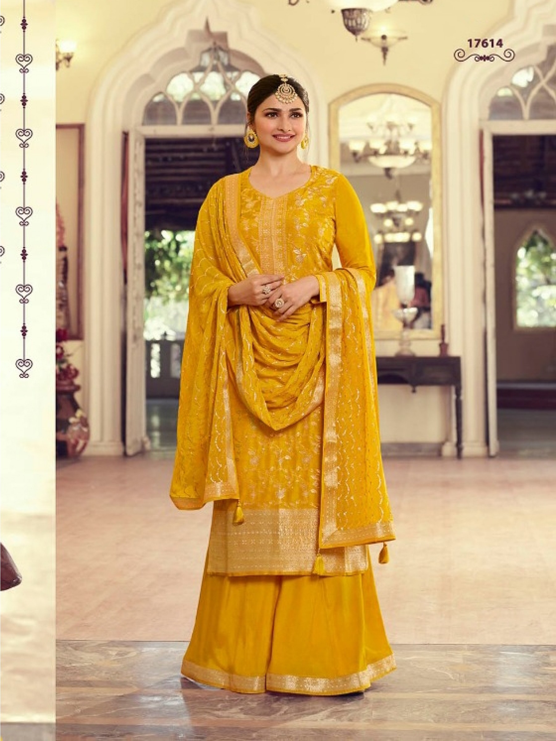 Dola Jacquard  Party Wear Sharara In Yellow With Embroidery Work 