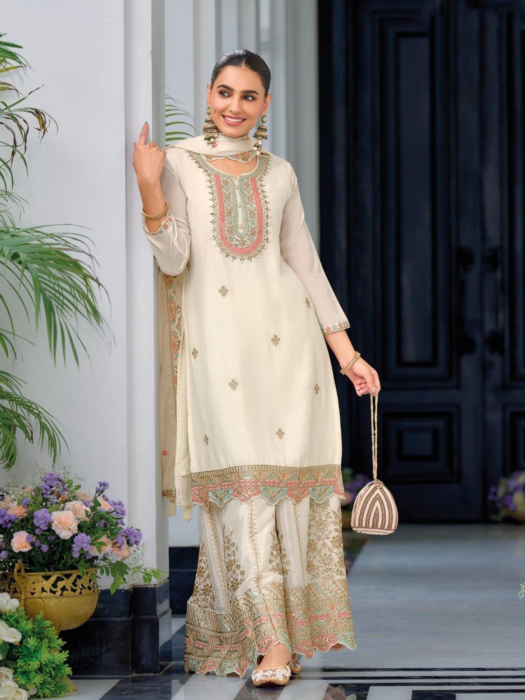 Pure Chinon Party Wear Readymade Sharara in Off White Color with Embroidery Work