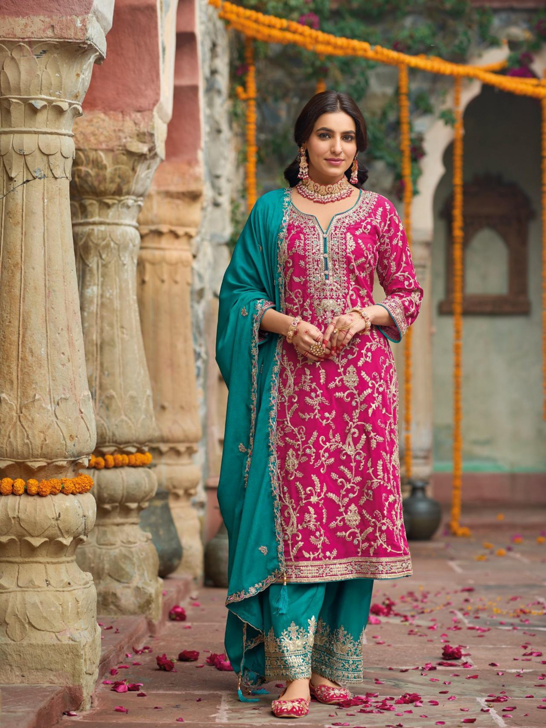Pure Chinon Silk Party Wear Plazo Suit in Pink Color with Embroidery Work