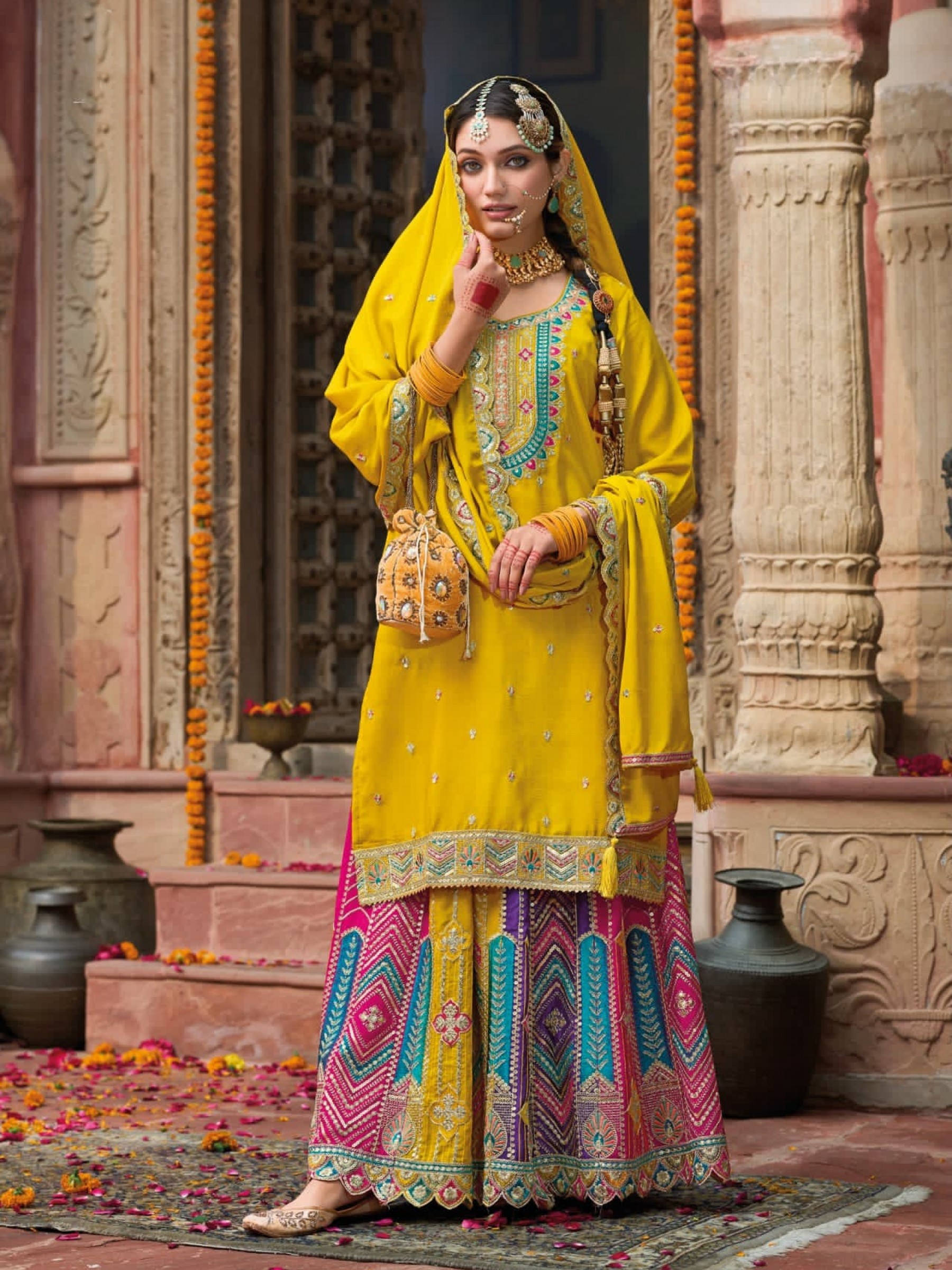 Pure Chinon Silk Party Wear Sharara in Yellow Color with Embroidery Work