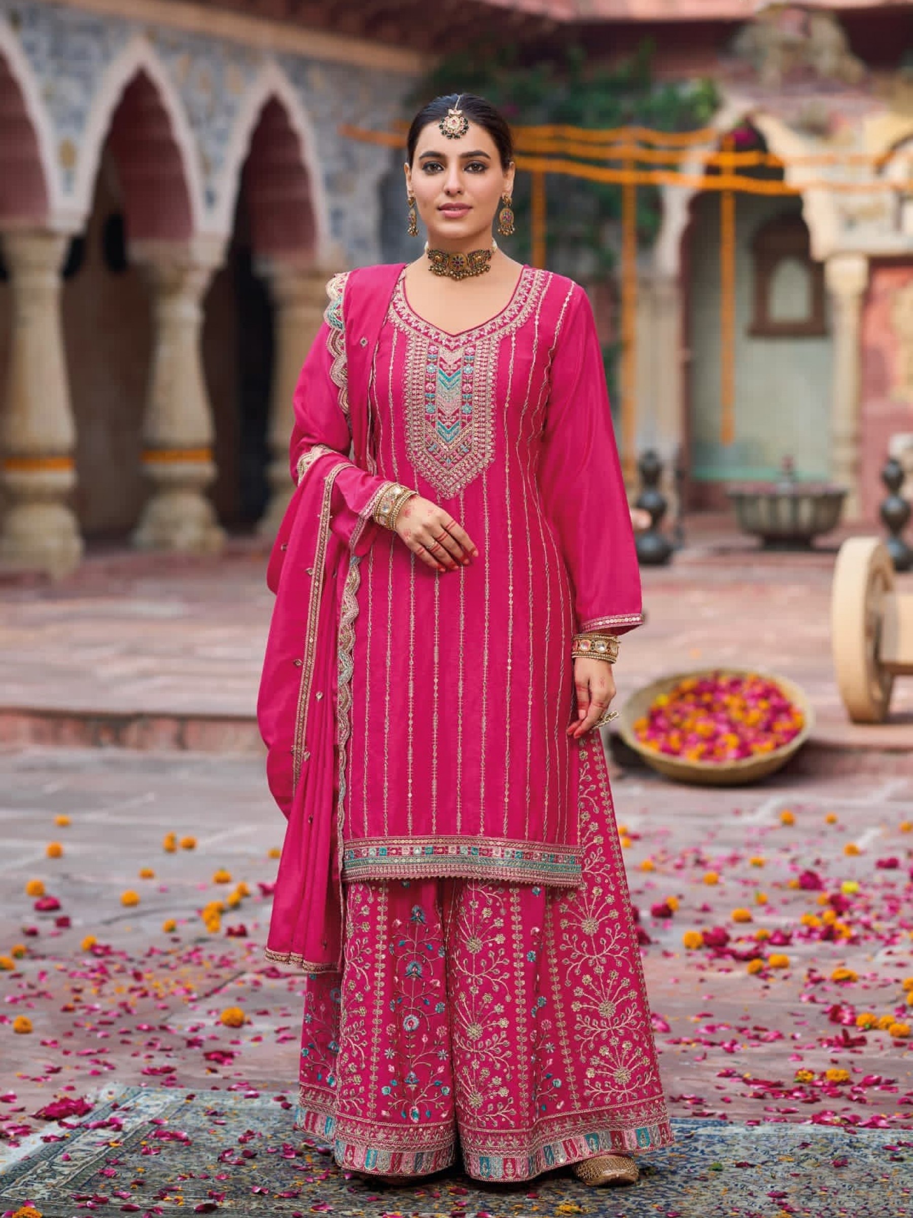 Pure Chinon Silk Party Wear Sharara in Pink Color with Embroidery Work