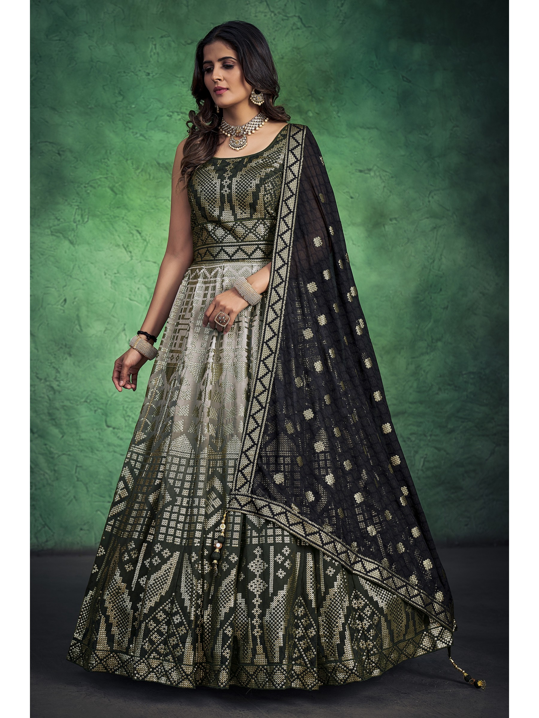 Georgette  Fabrics Party Wear Gown in  Green Color With Embroidery Work 