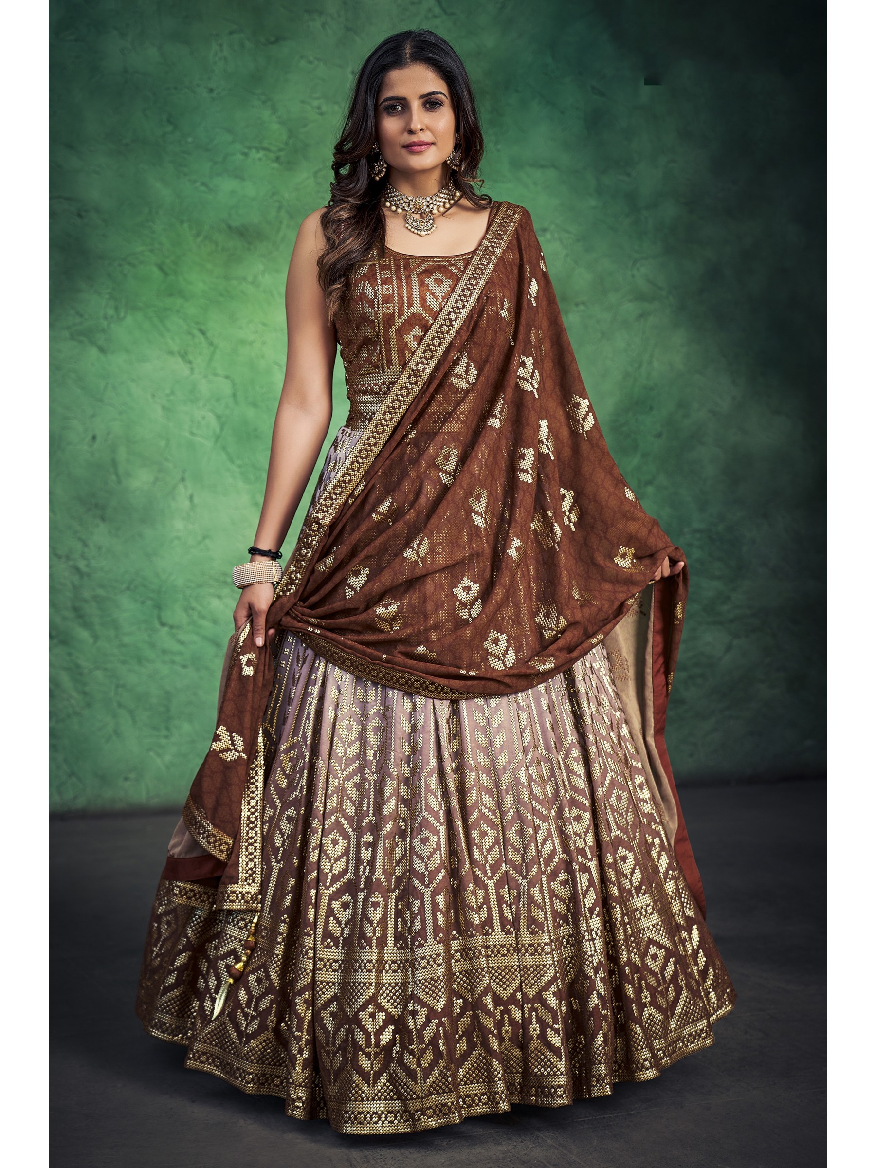Georgette  Fabrics Party Wear Gown in Brown  Color With Embroidery Work 