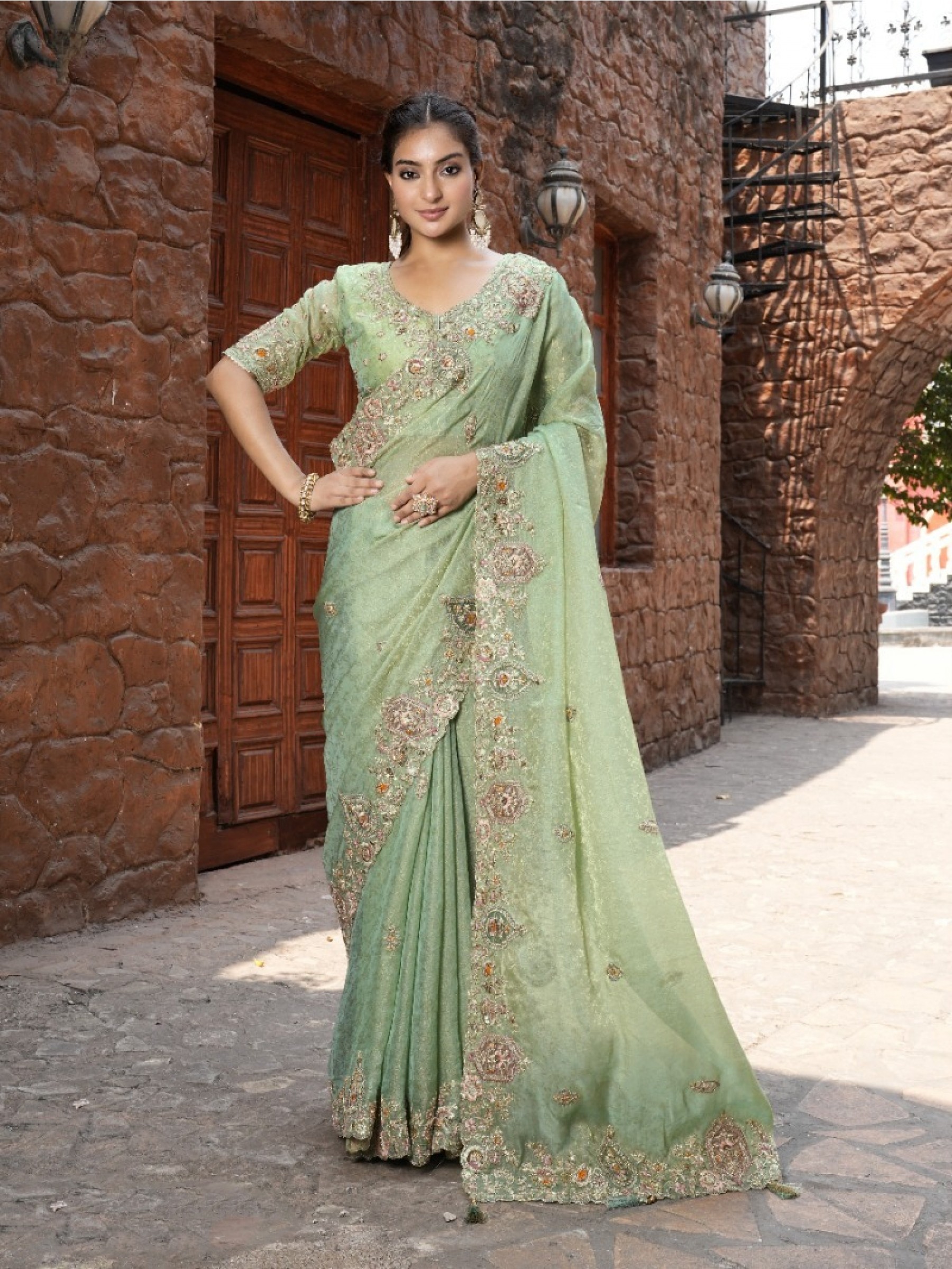 Pure Fancy Silk Wedding wear Saree In Pista Color With Embroidery Work