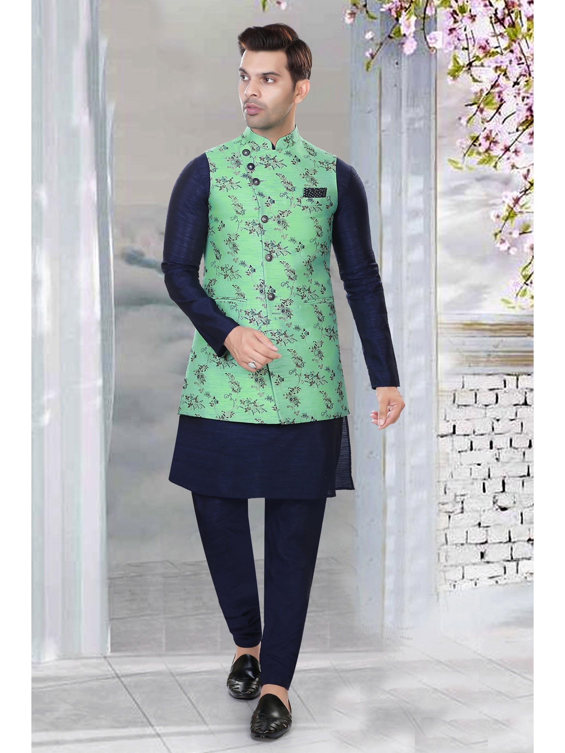 Art Silk Function Wear Heavy Readymade Men's Kurta Paijama With Jacket 