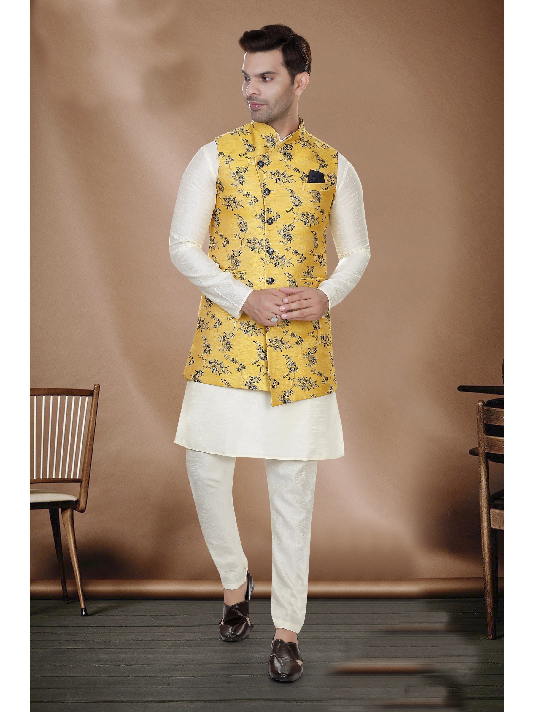 Art Silk Function Wear Heavy Readymade Men's Kurta Paijama With Jacket 