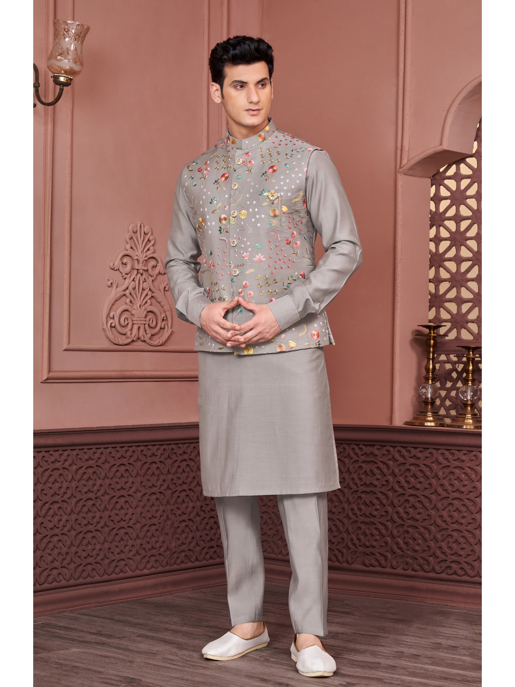 Art Embroidered Banarasi Silk Function Wear Heavy Readymade Men's Kurta Paijama With Jacket 