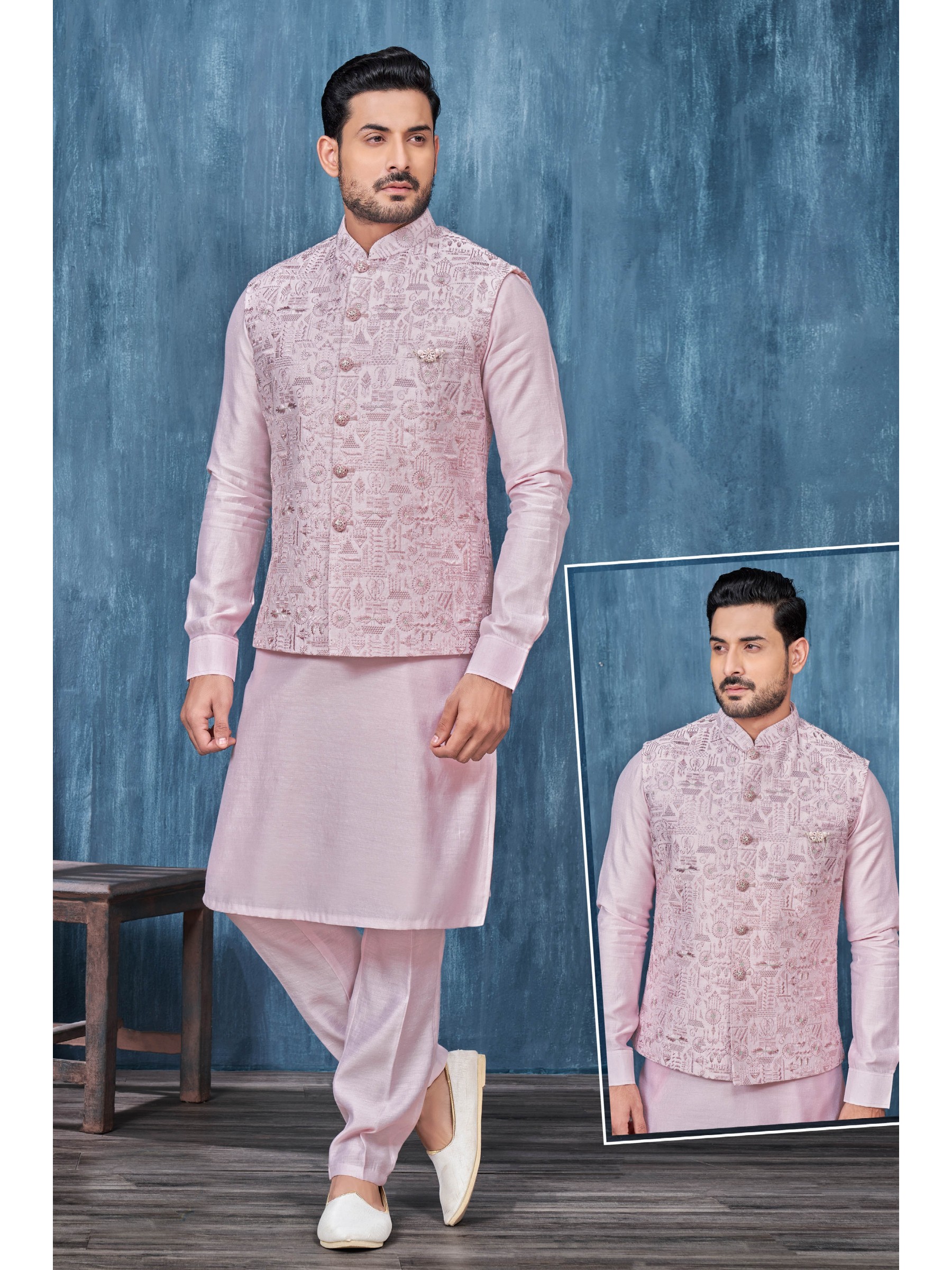 Art Embroidered Banarasi Silk Function Wear Heavy Readymade Men's Kurta Paijama With Jacket 